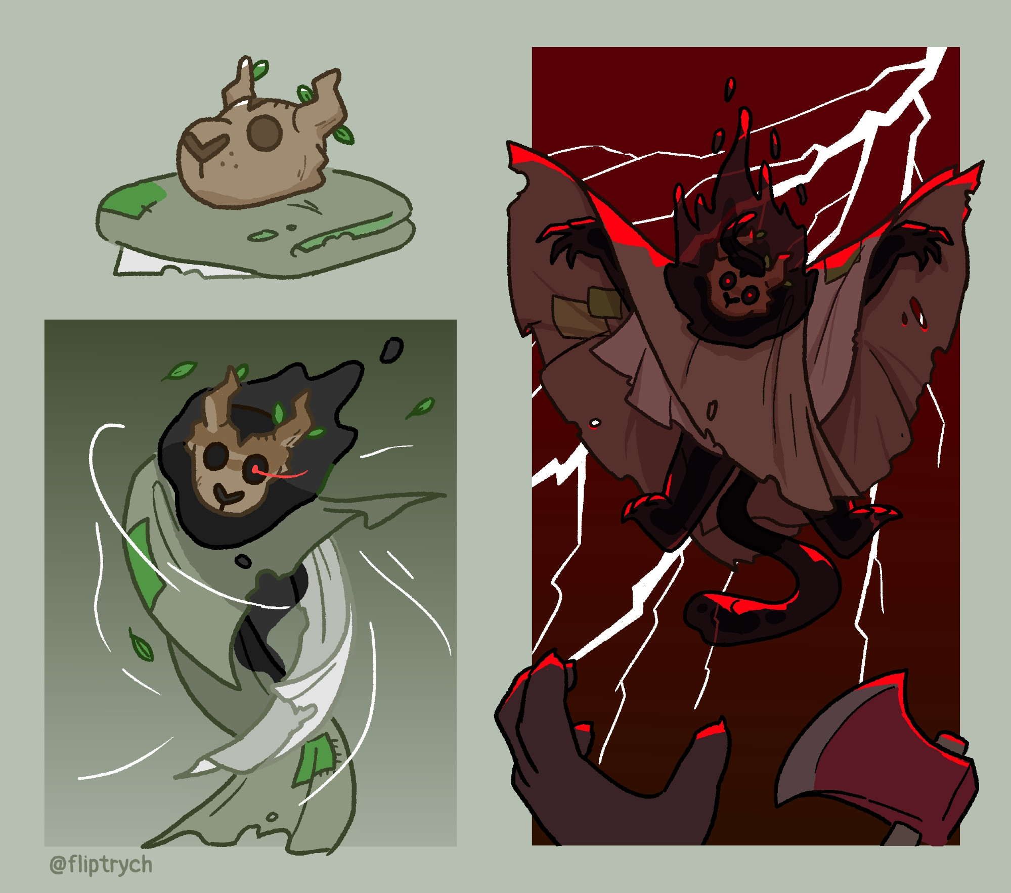 Three panel sequence of my Phantump pokesona
1. A wooden mask-like head sits on a carefully folded cloak. 
2. The cloak swirls in the wind as the head lifts into the air, one eye glowing red. Ghostly black ectoplasm streams from it.
3. Lightning forks behind the ghostly figure, which hangs menacingly in midair. A figure in the foreground rears back in fear, a telltale axe in one hand.