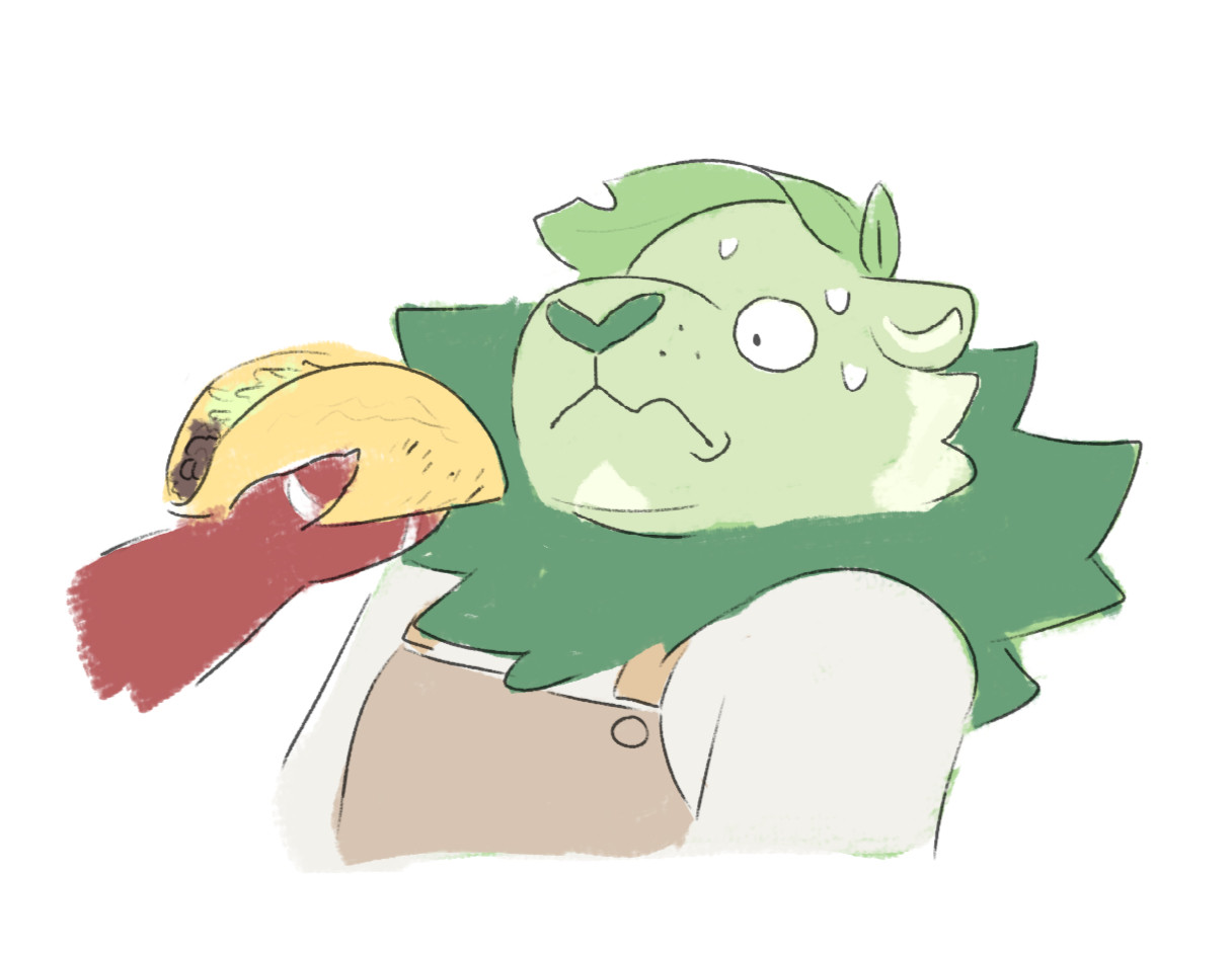 Falopaxy holds a taco uncomfortably close to my fursona (a leafy green lion)'s face. He looks at it nervously.