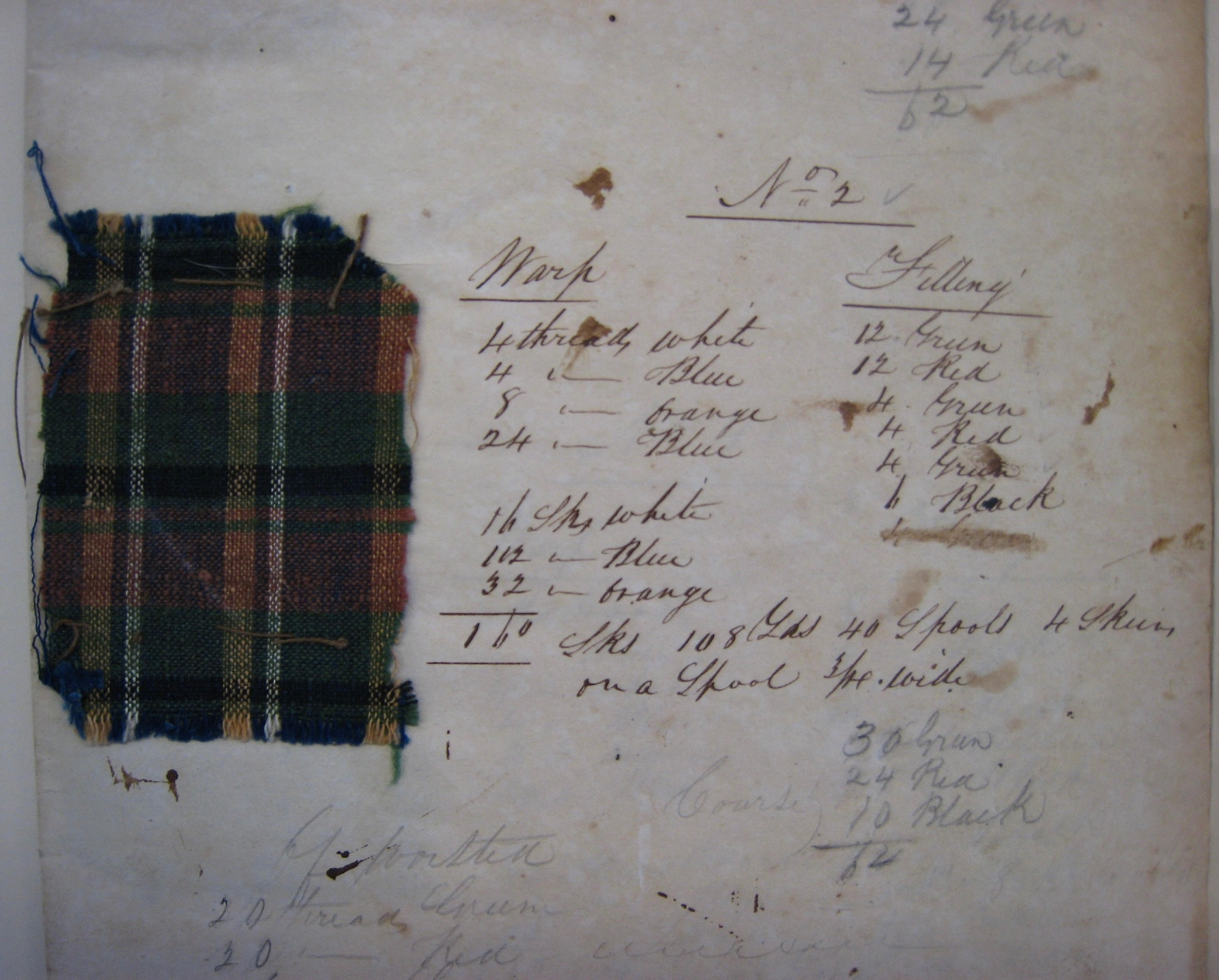 a small square of plaid fabric is affixed to a page indicated the thread counts and colors to be used in production.