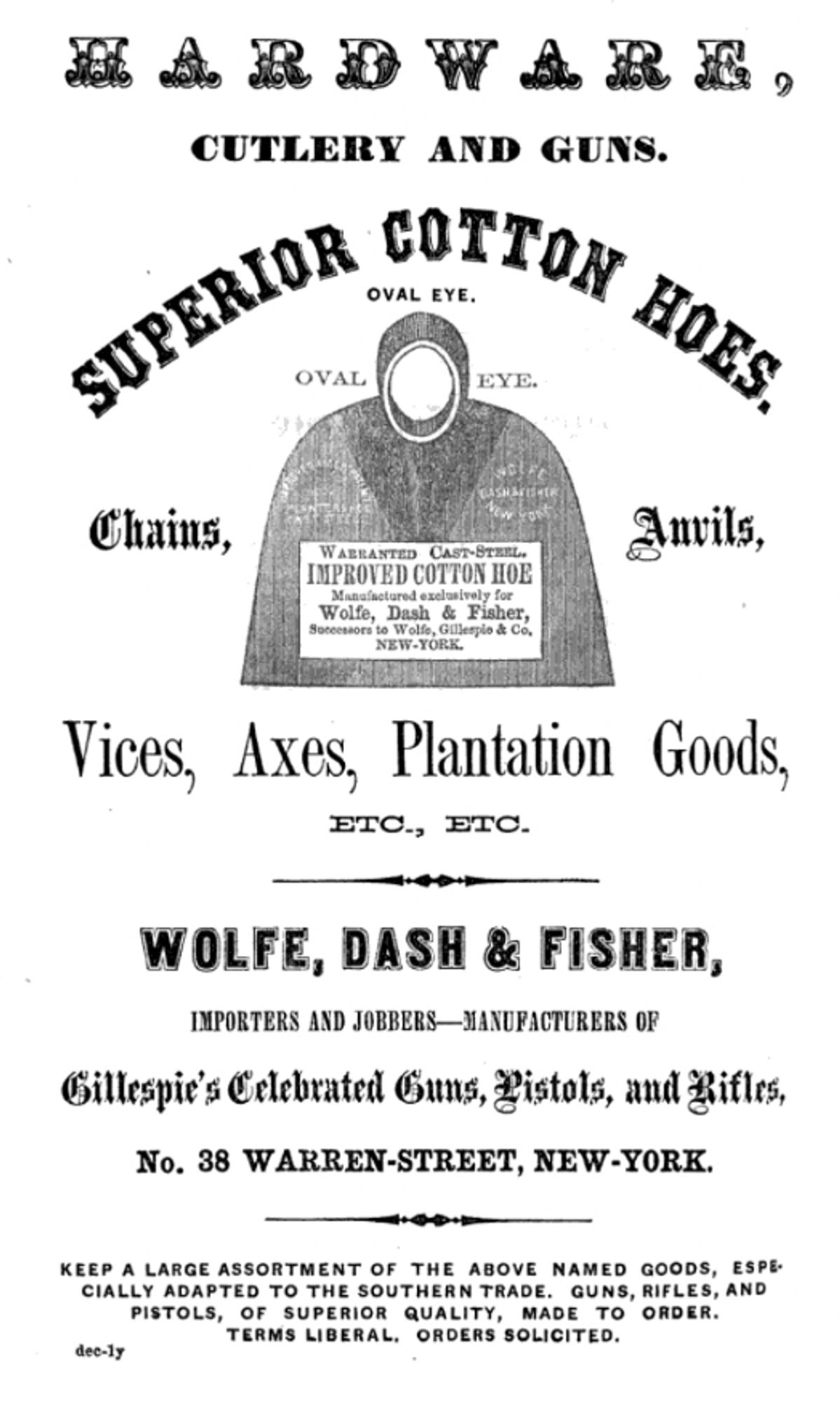 1859 advertisement for a New York City hardware merchant offering "superior cotton hoes" and featuring a hoe blade.