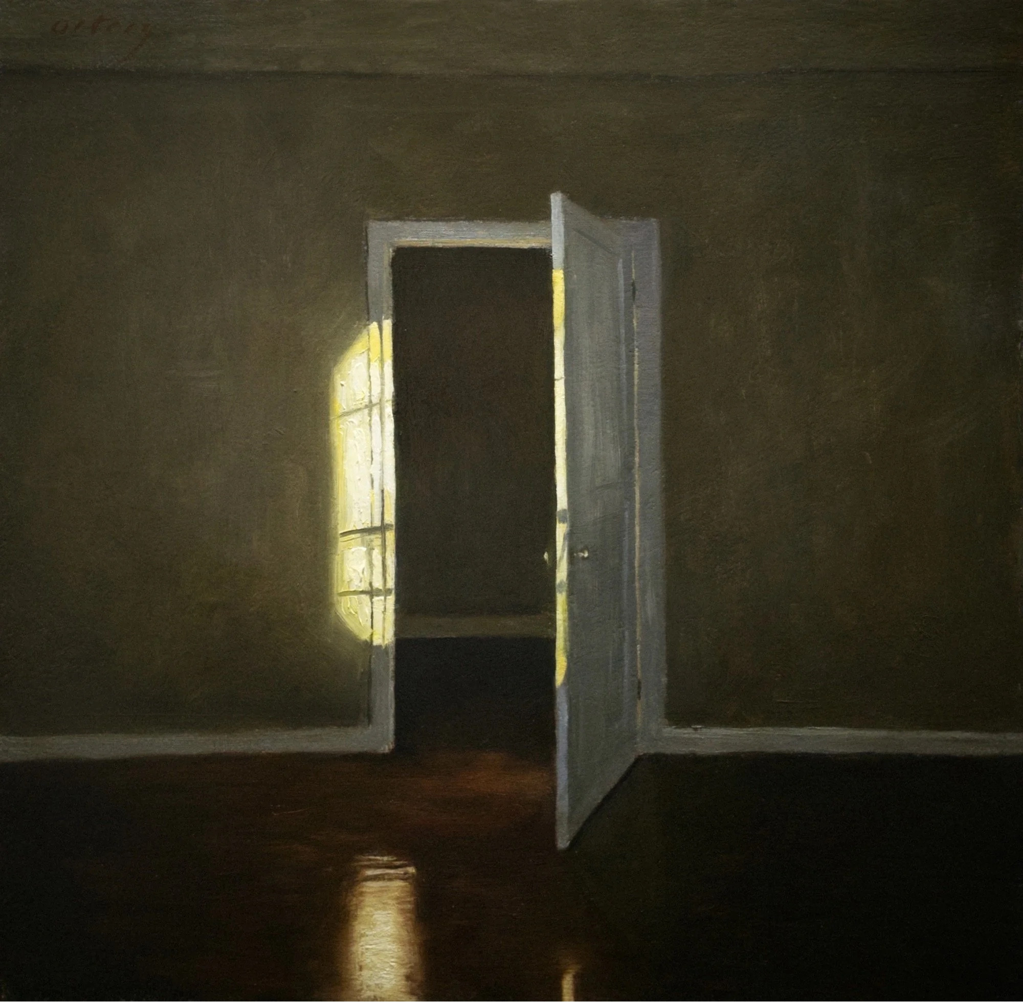 An oil painting of an open white door in an empty room with a dark and muted tone. A bit of yellow light shines on the door from an unseen window.