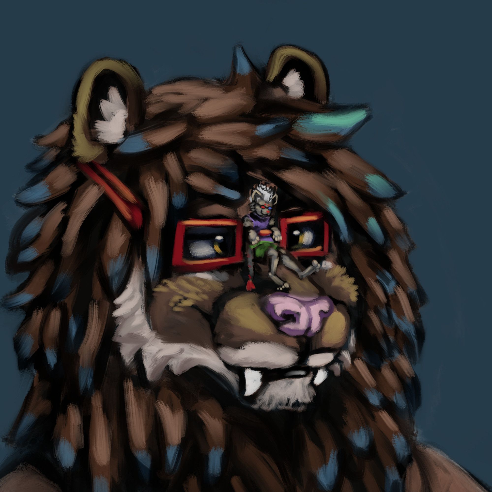 Headshot of Léon the lion wearing red glasses as a tiny Jett the cat sits on his nose, holding the middle of the glasses like a rollercoaster seat