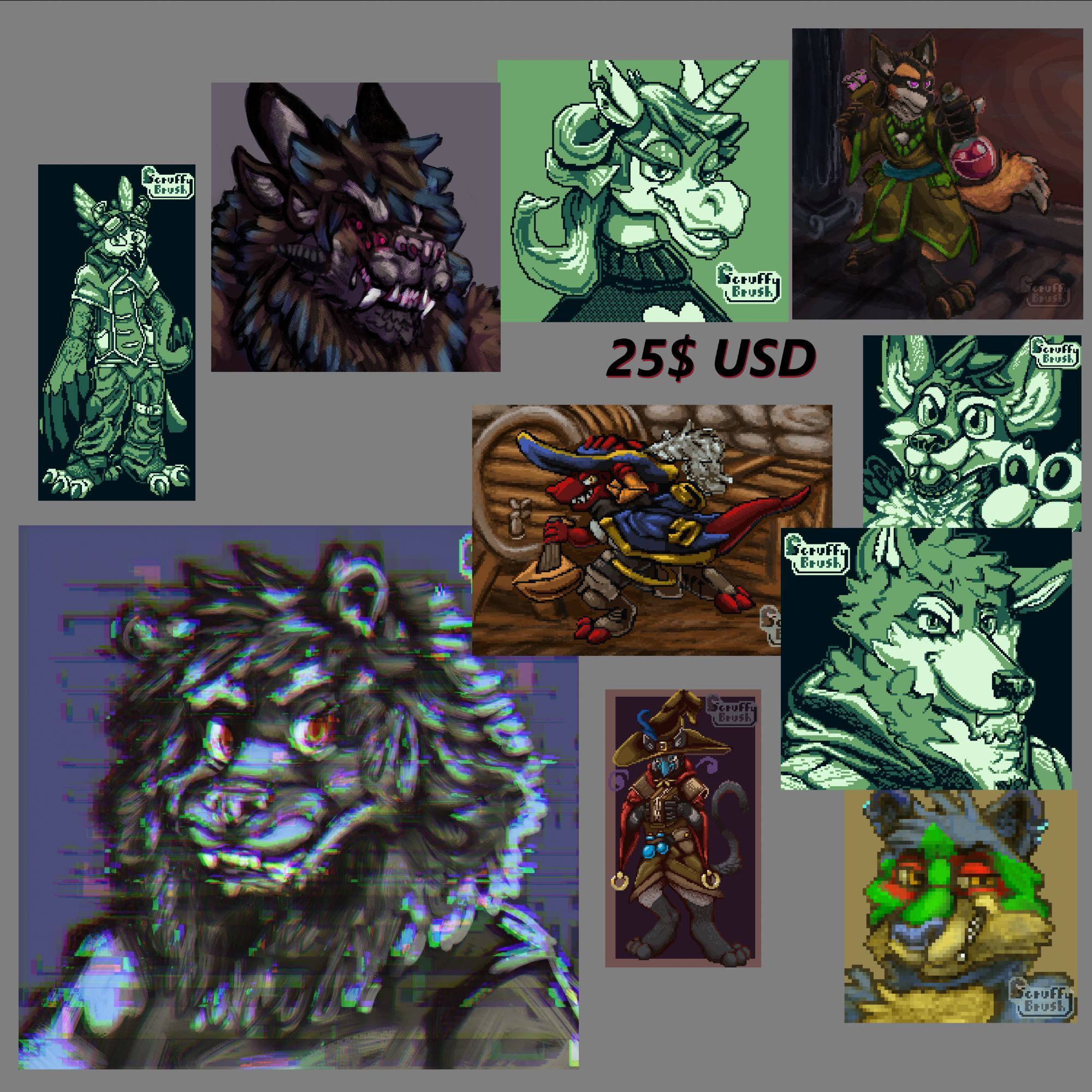 Various art examples
Lyze gameboy phone background, a monstery colored headshot of Kaiju-Léon the fluffy multi-eyed lion, a gameboy headshot of a smug unicorn, a colored pixelart of an alchemist Lucario in a dungeon, a glitchart portrait of Léon in his regular lion form, a red Kobold bard running in front of kegs holding his guitar, 2 more gameboy headshot (A coyote and a wolf), colored pixelart of a bird sorcerer, colored headshot pixelart of Malle Yeno the green and blue raccoon