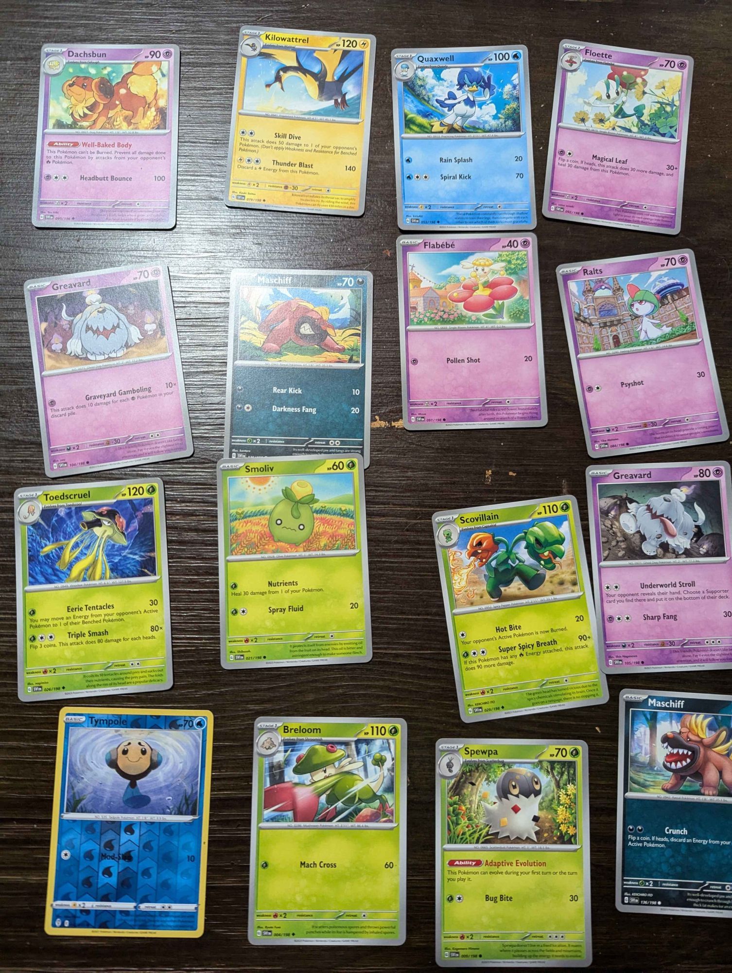 The 16(!) pokemon cards that were in my walmart repack: Breaddog, Kilowattrel, Quaxwell, Floette, Greavard, Maschiff, Flabébé, Ralts, grass tentacruel, Smoliv, Scovillain, Greavard (again), Tympole, Breloom, Spewpa, Maschiff (again lol)