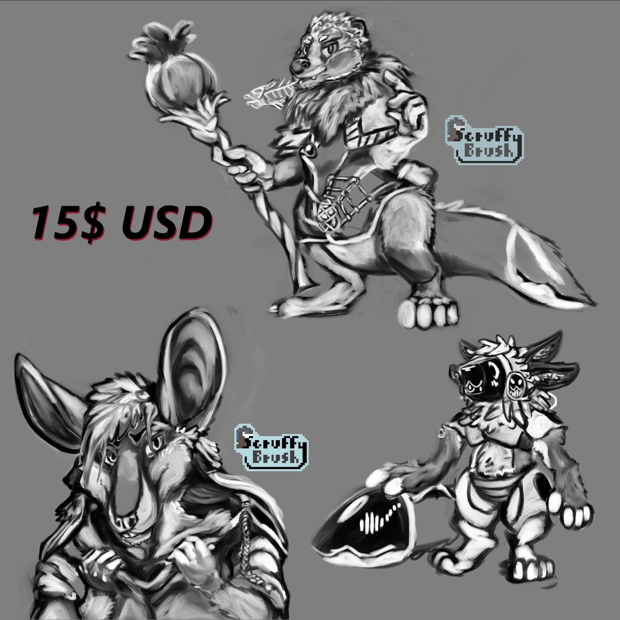 15$ sketch examples
A Bloomburrow inspired otter, a dnd mouse priestess headshot and a protogen doodle