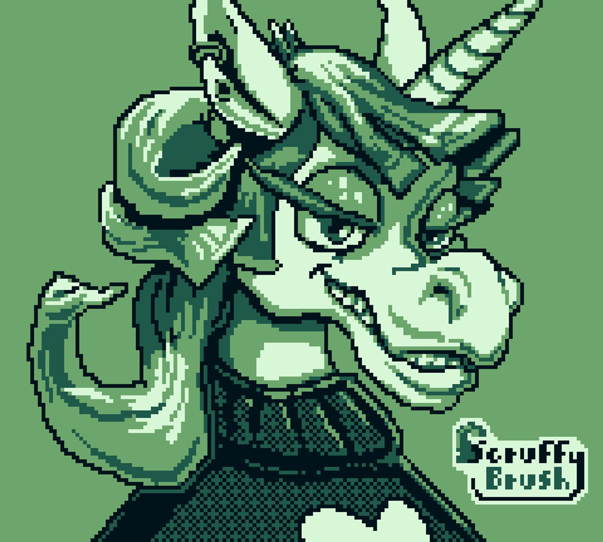 Gameboy pixelart portrait of a teethy smirking unicorn