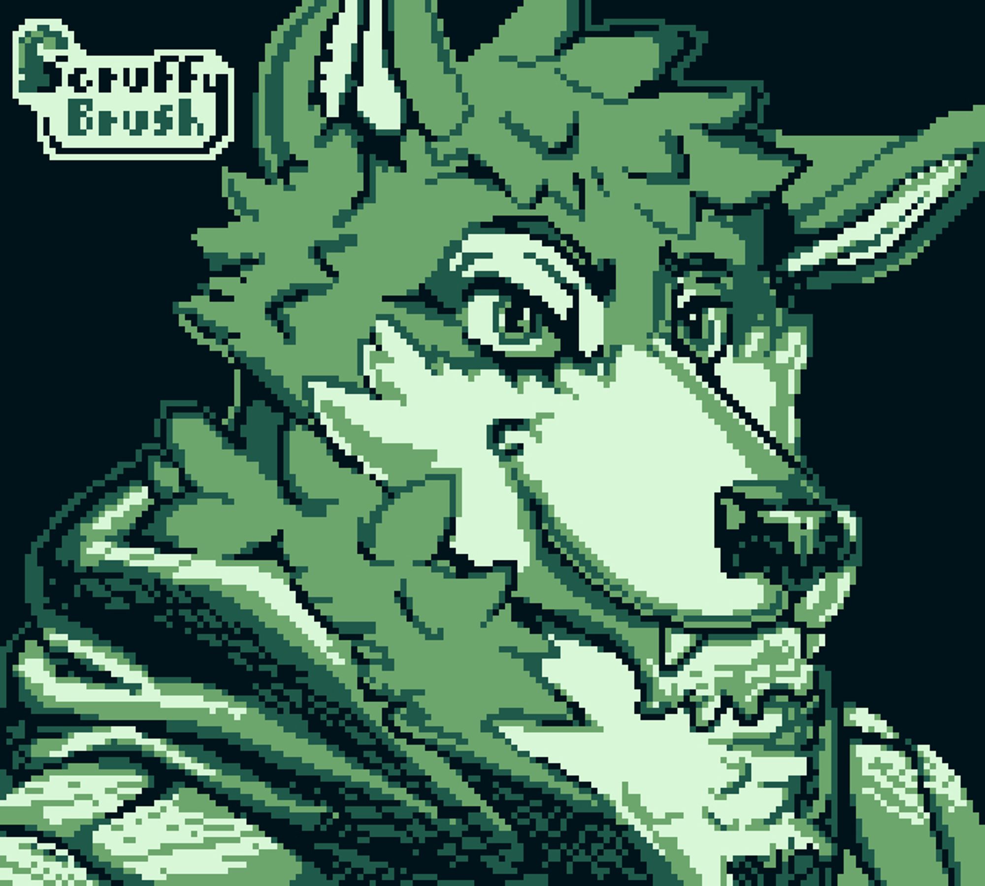 Gameboy-colored and sized pixelart headshot of a smiling wolf on a black background