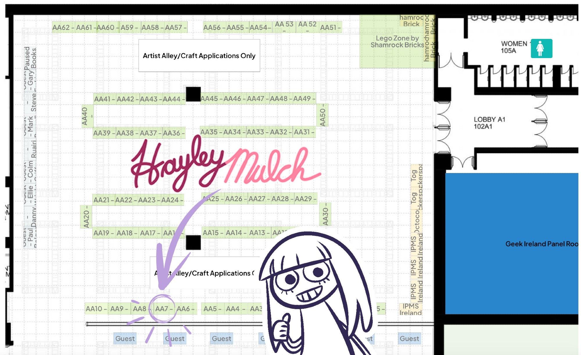 Map showing where table AA7 is in the Dublin Comic Con Artist Alley at Level 1 (Liffey Level). There's also a doodle of me on it.