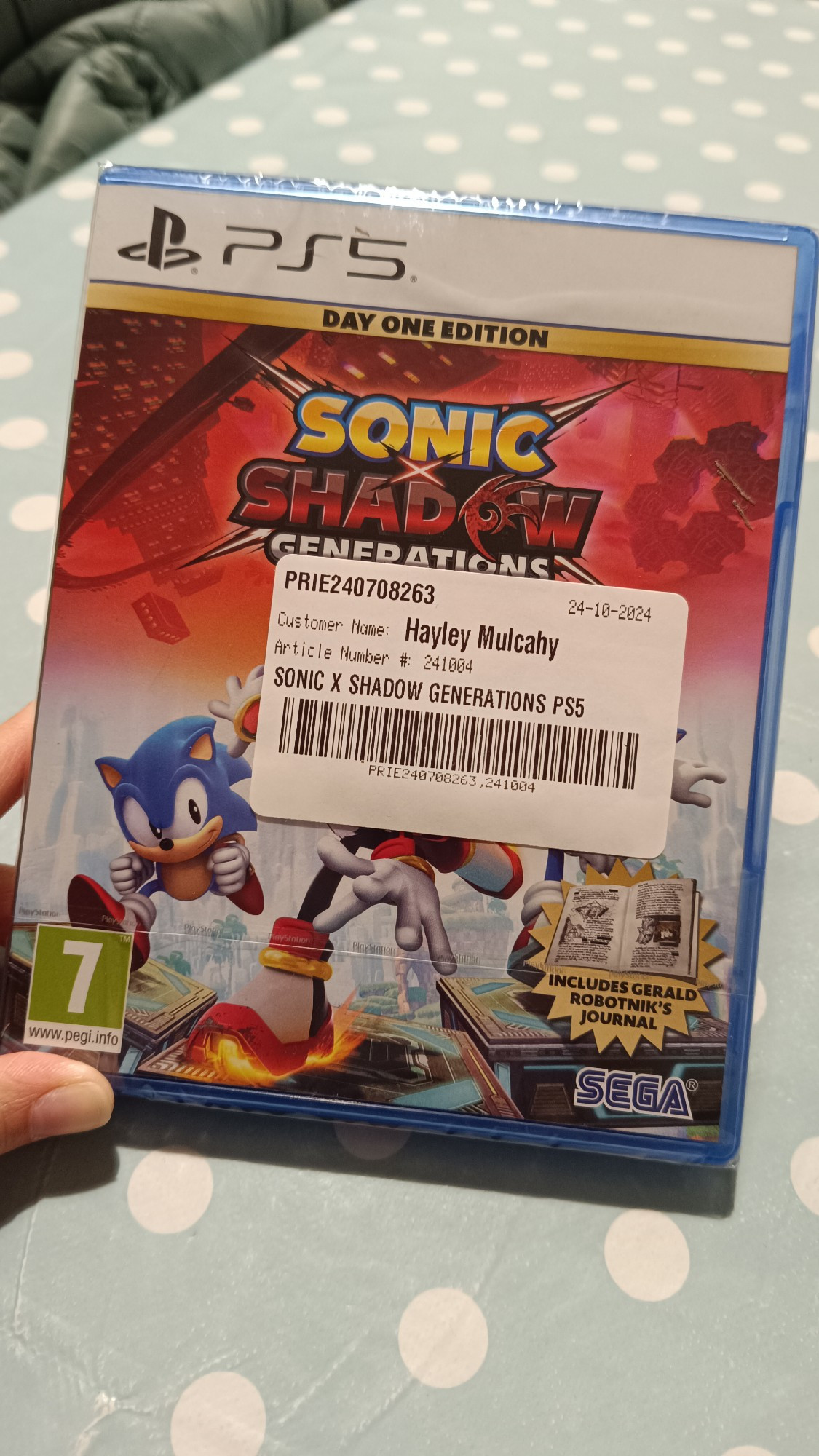 PS5 copy of Sonic X Shadow Generations with my name on it as it was a pre-order.