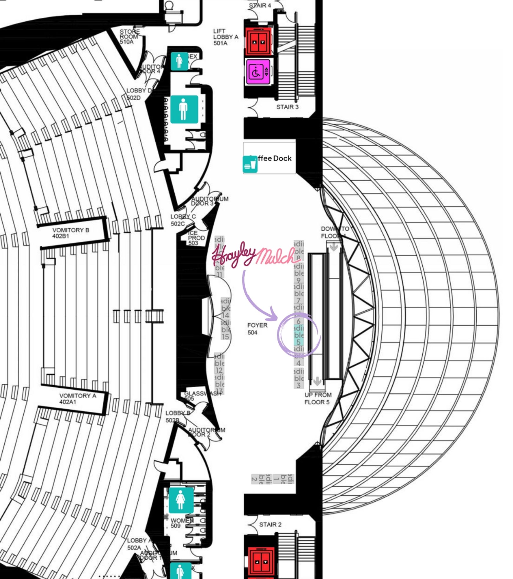 A map outlining the 5th floor of the Dublin convention centre, and pointing out the table I'll be at for DCC.