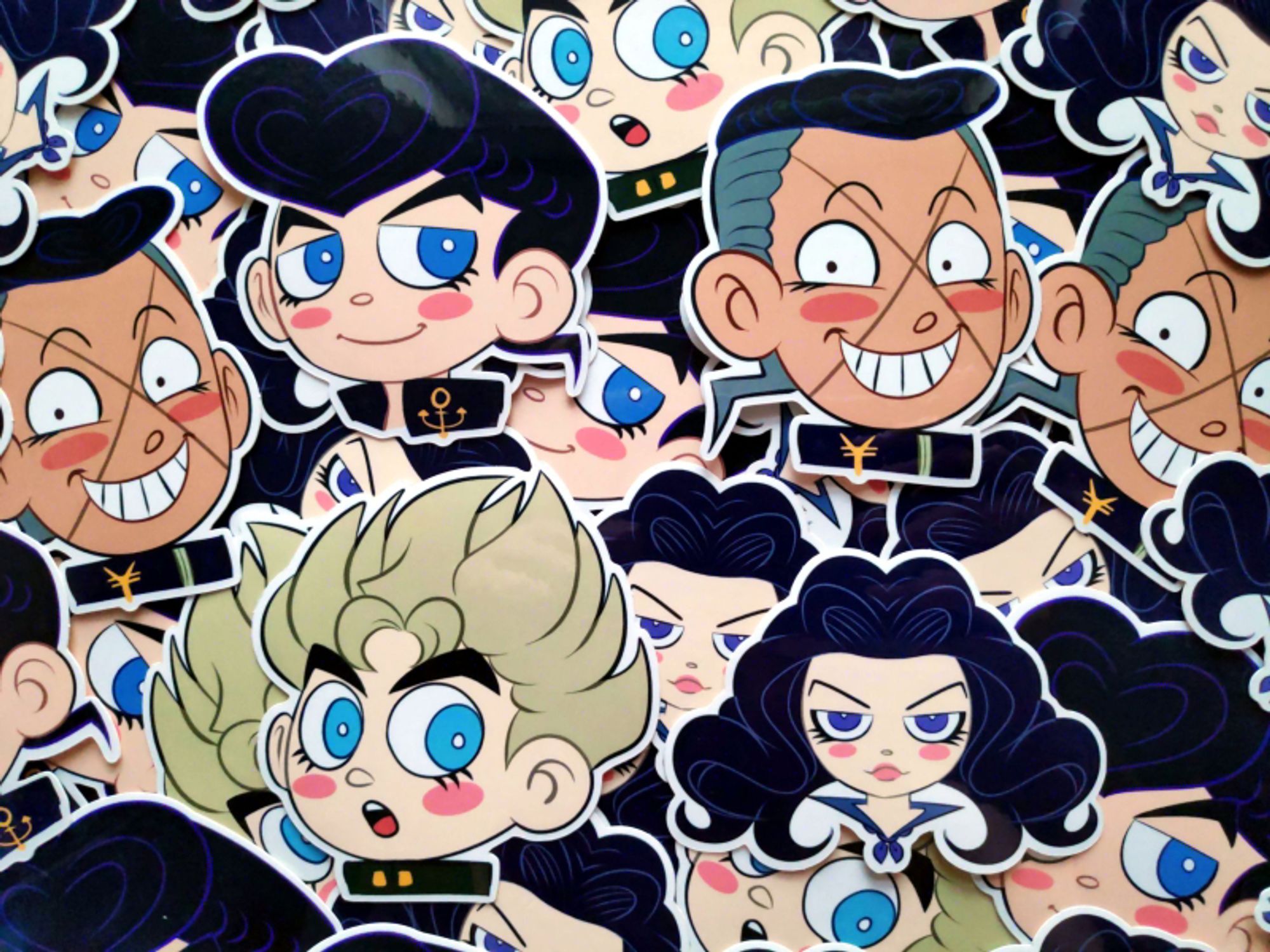 Vinyl stickers of chibi Josuke, Okuyasu, Koichi and Yukako from JJBA Part 4