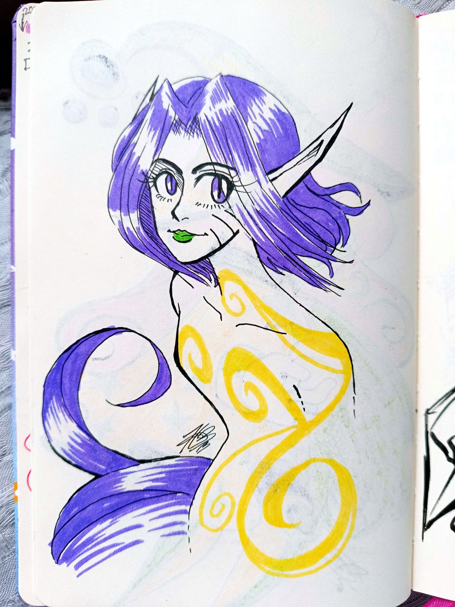 Pen sketch of Ly the Fairy, only minimally coloured using purple, green and yellow markers.