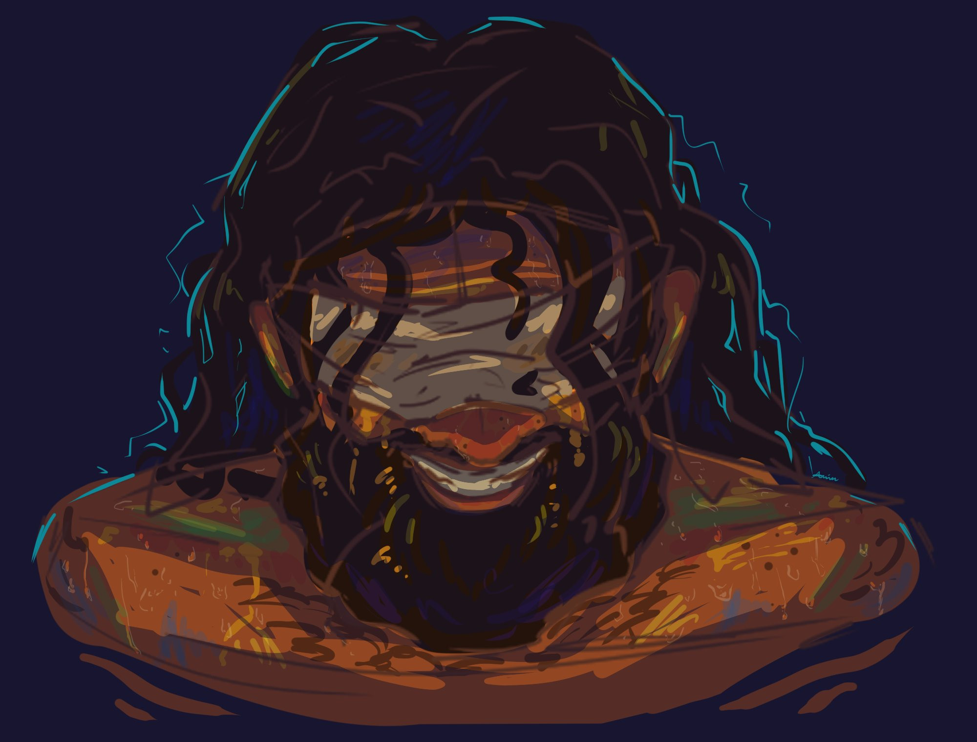 Shoulder up shot of Sisyphus from Ultrakill on a solid color background grinning like a conniving little- grinning widely at the viewer with his head tilted downward. He is lit from above with a warm yellow and there is a harsh cyan backlight outlining him.