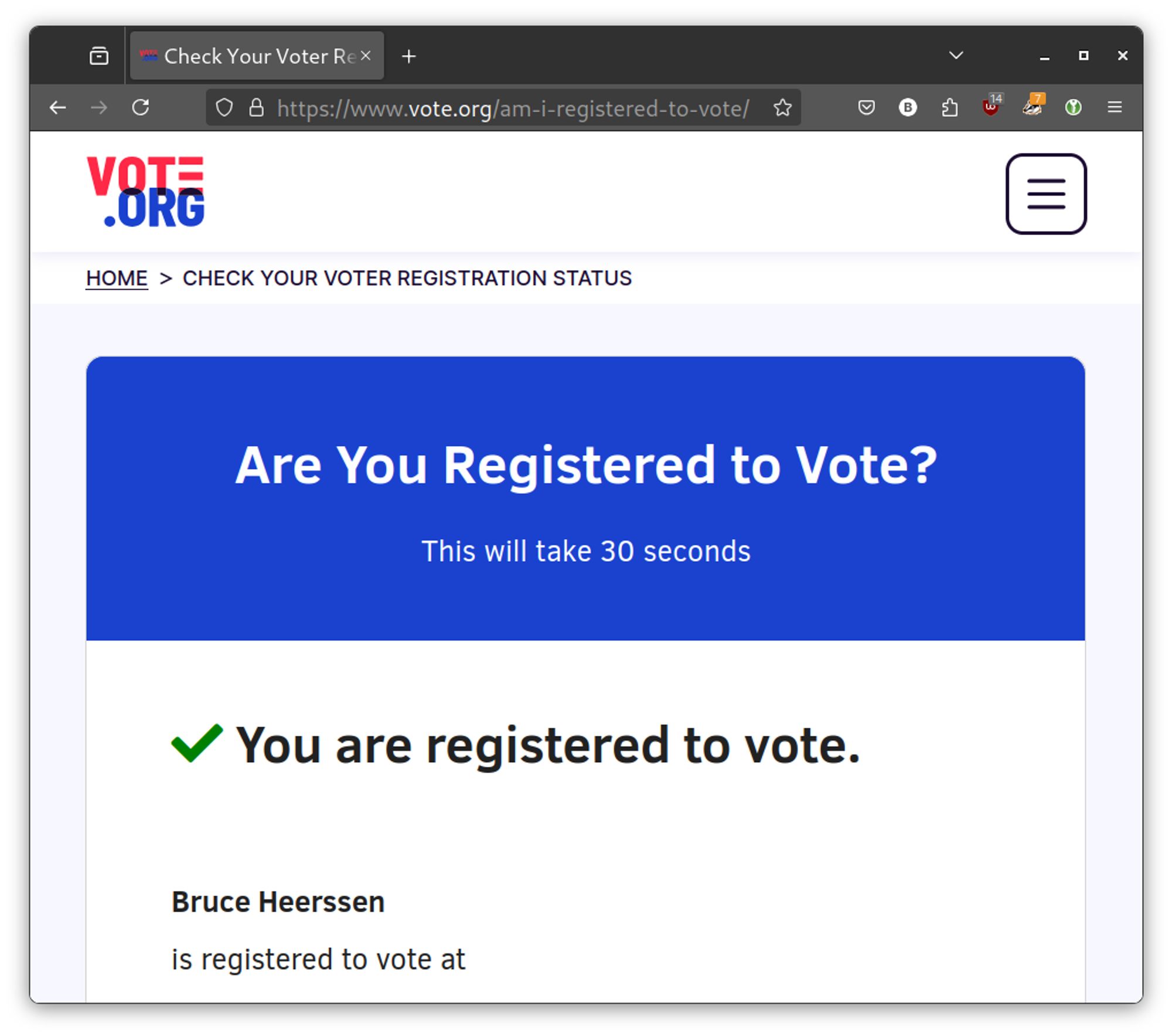 Screenshot of a web page at vote.org that shows the author is registered to vote.