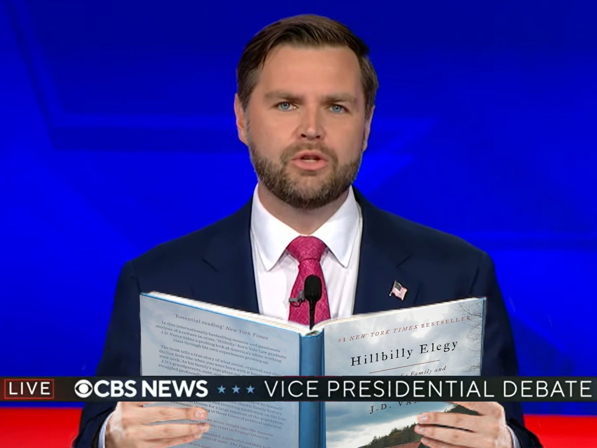 it's a screen cap of J.D. Vance at the debate and he's reading from Hillbilly Elegy because so many of his answers seem to come back to that bullshit book.

you're a posh boy now, fucking accept it.