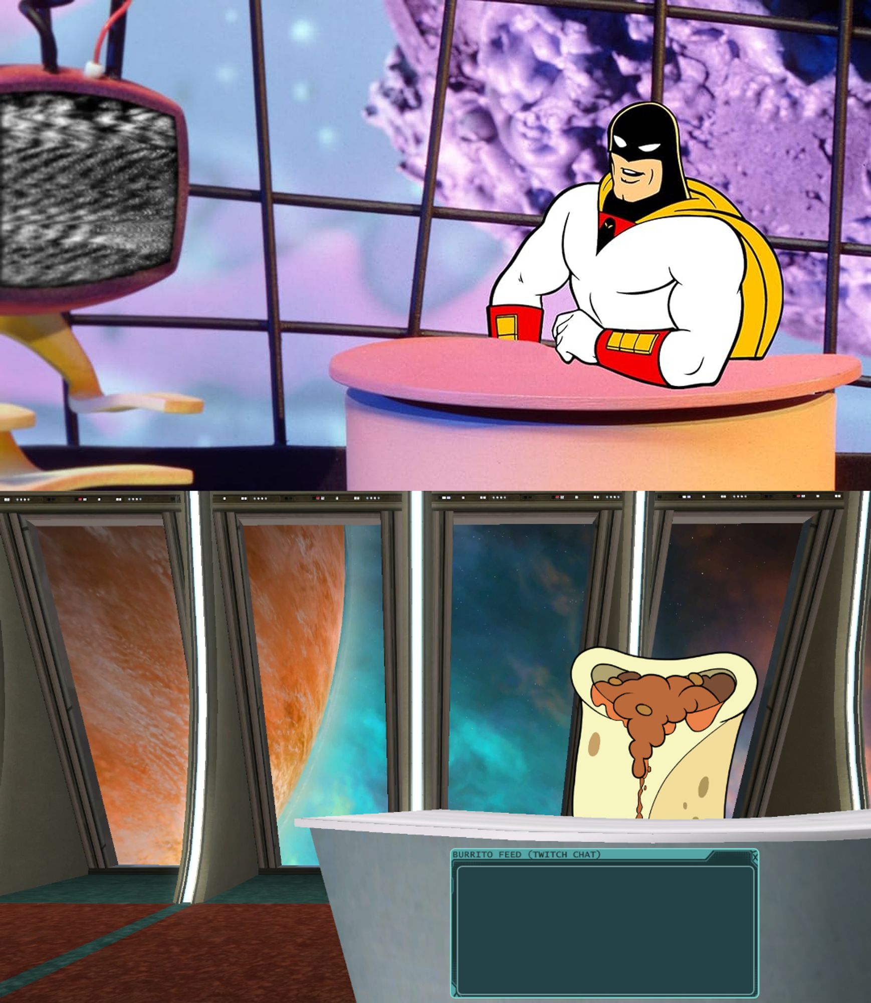 The top half of the image shows Space Ghost sitting behind his desk in the Space Ghost Coast 2 Coast studio. The bottom half of the image shows a burrito standing behind a desk with a similar framing and appearance to Space Ghost.