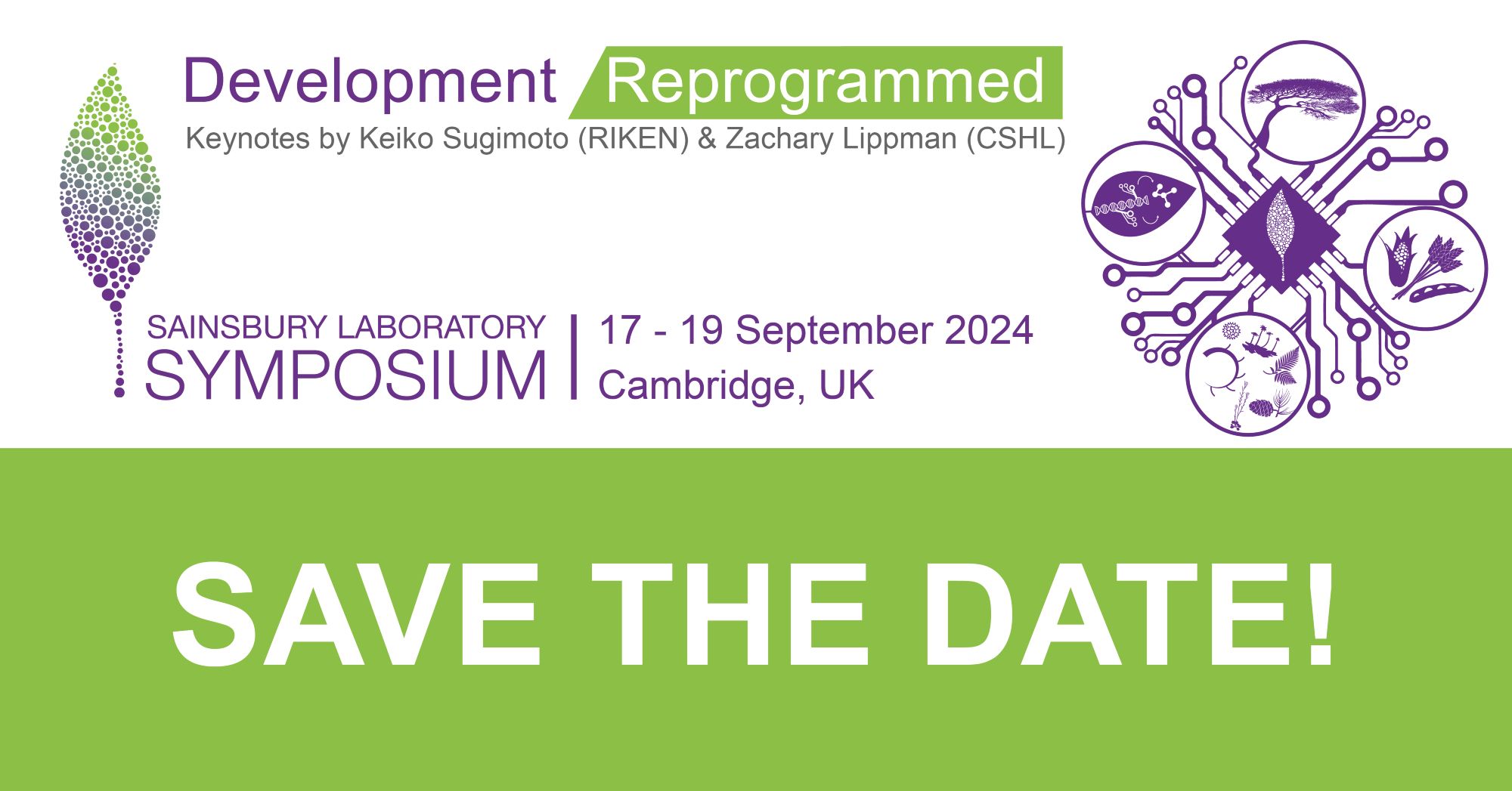 Save the date promotional image for the Sainsbury Laboratory Symposium, being held 17-19 September 2024 in Cambridge UK. Keynotes by Keiko Sugimoto (RIKEN) and Zachary Lippman (CSHL). Graphic of computer chip with symbols representing the four themes - Reprogramming by 1. Evolution, 2. Domestication, 3. Environment and 4. Engineering.