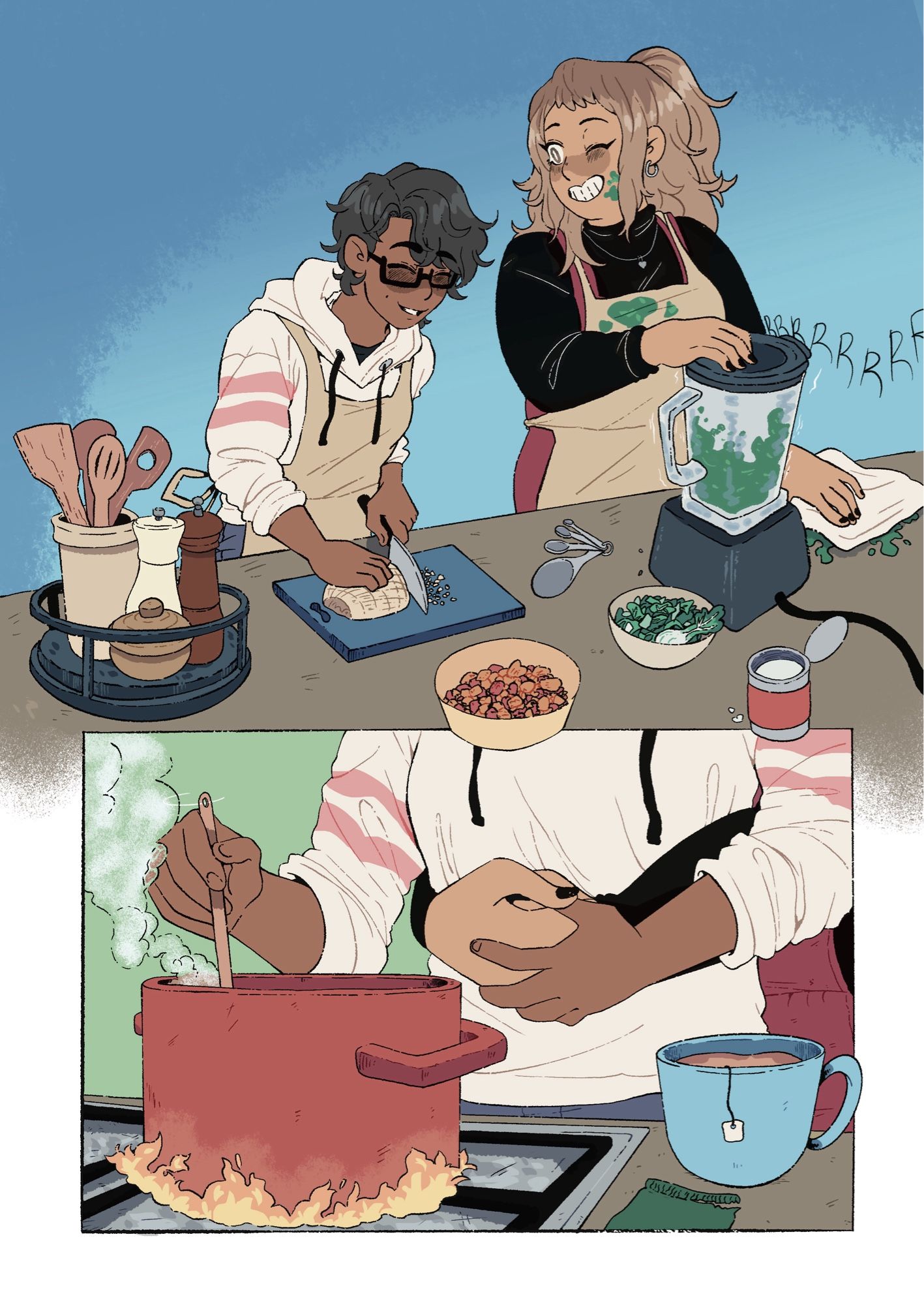 First panel: in the kitchen, the girlfriends prep the ingredients for soup. Girl on the left slices onions while giggling over the other girl making a mess blending to make the green chili.

Second panel: Cooking the soup over the stove, one girlfriend hugs the other from behind.