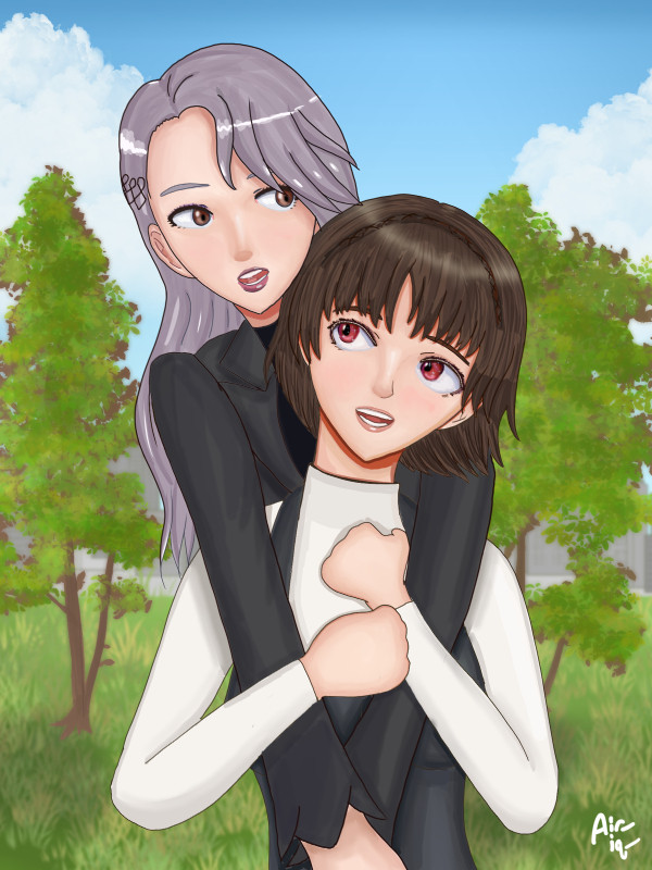 A drawing of Makoto and Sae Niijima where Sae is hugging Makoto around the back and Makoto is holding her arms while they look at each other. They're in a park with some trees and clouds in the background.