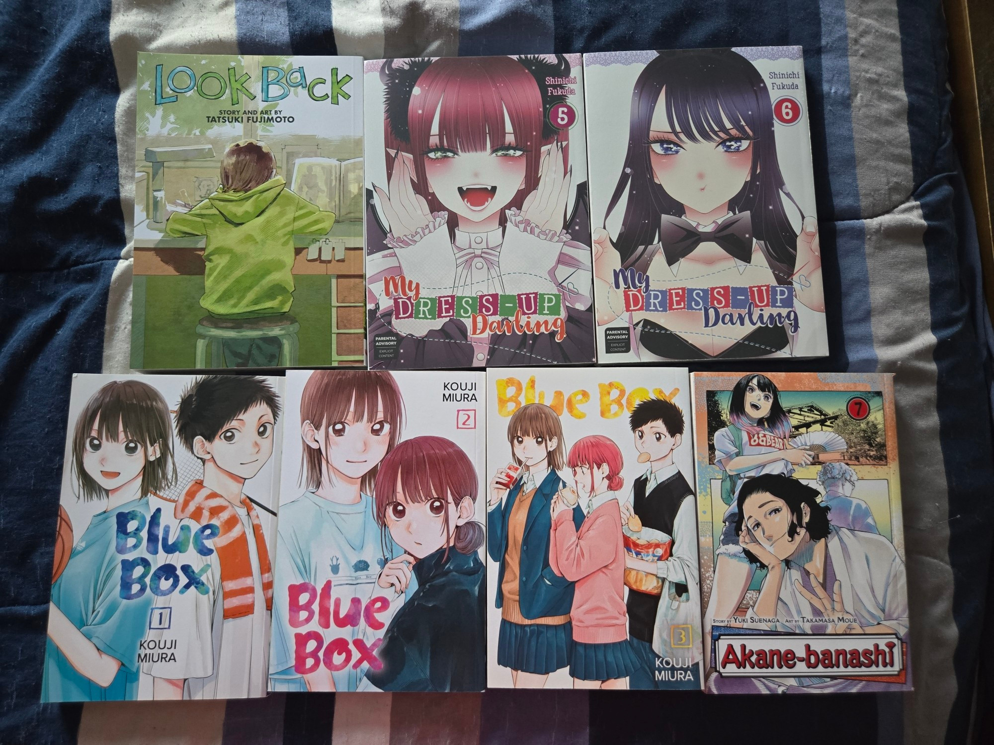 7 Manga volumes: Look Back, My Dress Up Darling Vol 5	& 6, Blue Box Vol 1-3 and Akane-banashi Vol 7