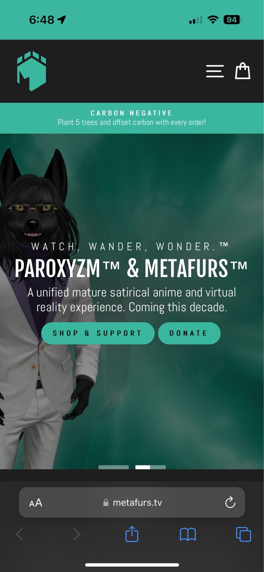 iPhone screenshot preview of the MetaFurs website featuring a hero image of a black anthropomorphic fox wearing a white suit; the interface is a minty colored dark mode theme with thin, modern text. The hero image panel teases a furry anime series being planned for later this decade.