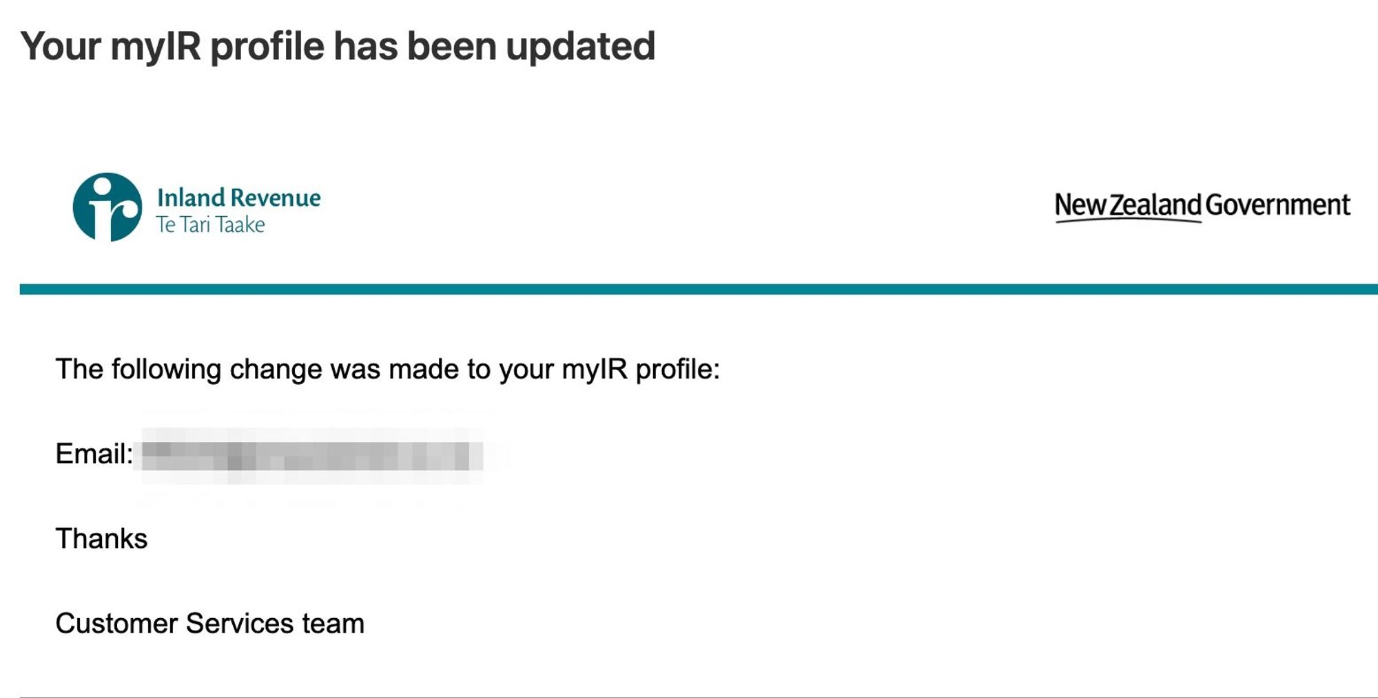 Confirmation notice of change of email address supplied to IRD, following news that they've been supplying taxpayers' email addresses to FACEBOOK!