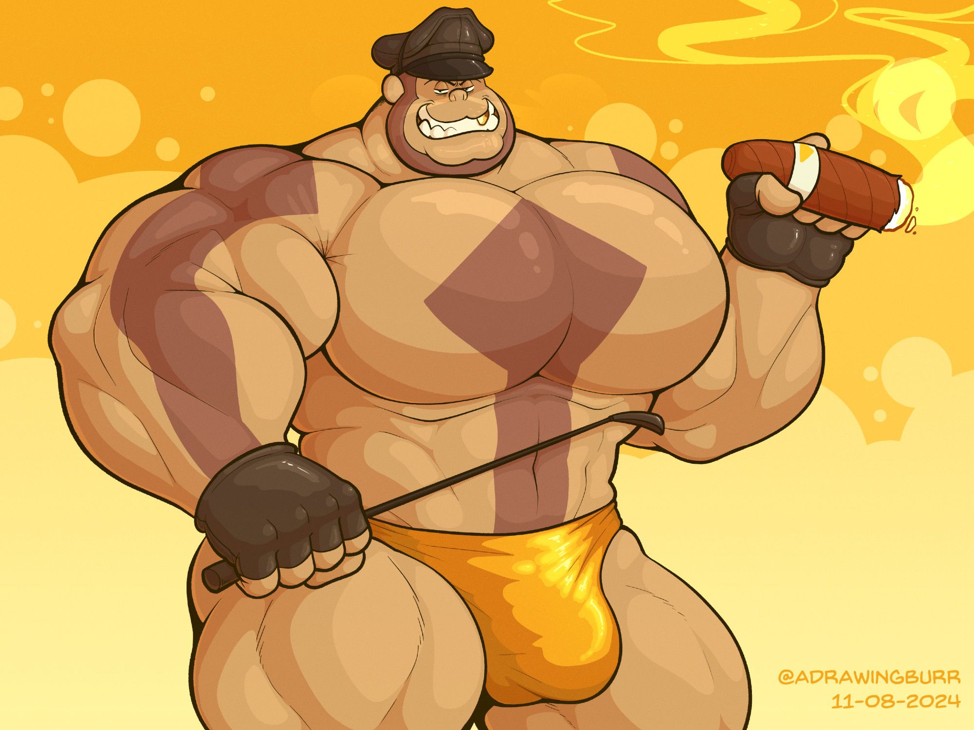 (NSFW) 🐻
Drawing of Parker Rite, wearing a leather muir cap and gloves and a shiny gold speedo.  He is holding a cigar in one hand and a riding crop in the other.