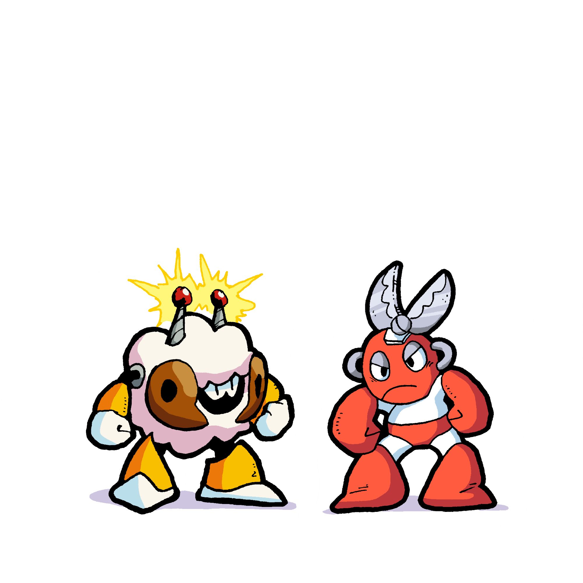 fanart of some Mega Man characters, on the left is Sheepman, and on the right is Cutman. Both standing firm in a confrontational stance towards each other.