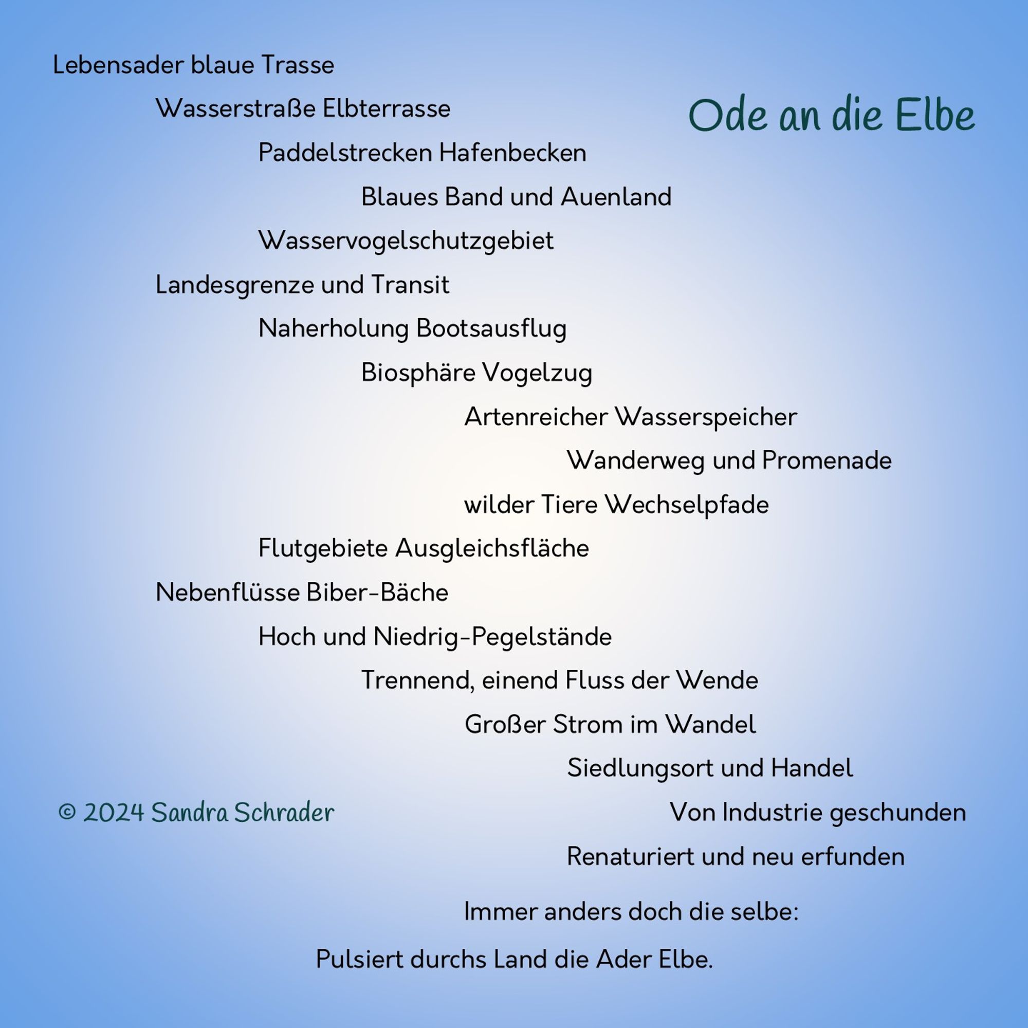 Gedicht zum Sonntag zum Tag der Flüsse mit dem Titel Ode an die Elbe von Sandra Schrader: 

Lebensader blaue Trasse
Wasserstraße Elbterrasse
Paddelstrecken Hafenbecken
Blaues Band und Auenland		
Wasservogelschutzgebiet
Landesgrenze und Transit
Naherholung Bootsausflug
Biosphäre Vogelzug
Artenreicher Wasserspeicher
Wanderweg und Promenade 
wilder Tiere Wechselpfade
Flutgebiete Ausgleichsfläche
Nebenflüsse Biber-Bäche
Hoch und Niedrig-Pegelstände 
Trennend, einend Fluss der Wende 
Großer Strom im Wandel
Siedlungsort und Handel
Von Industrie geschunden
Renaturiert und neu erfunden
Immer anders doch die selbe:
Pulsiert durchs Land die Ader Elbe.