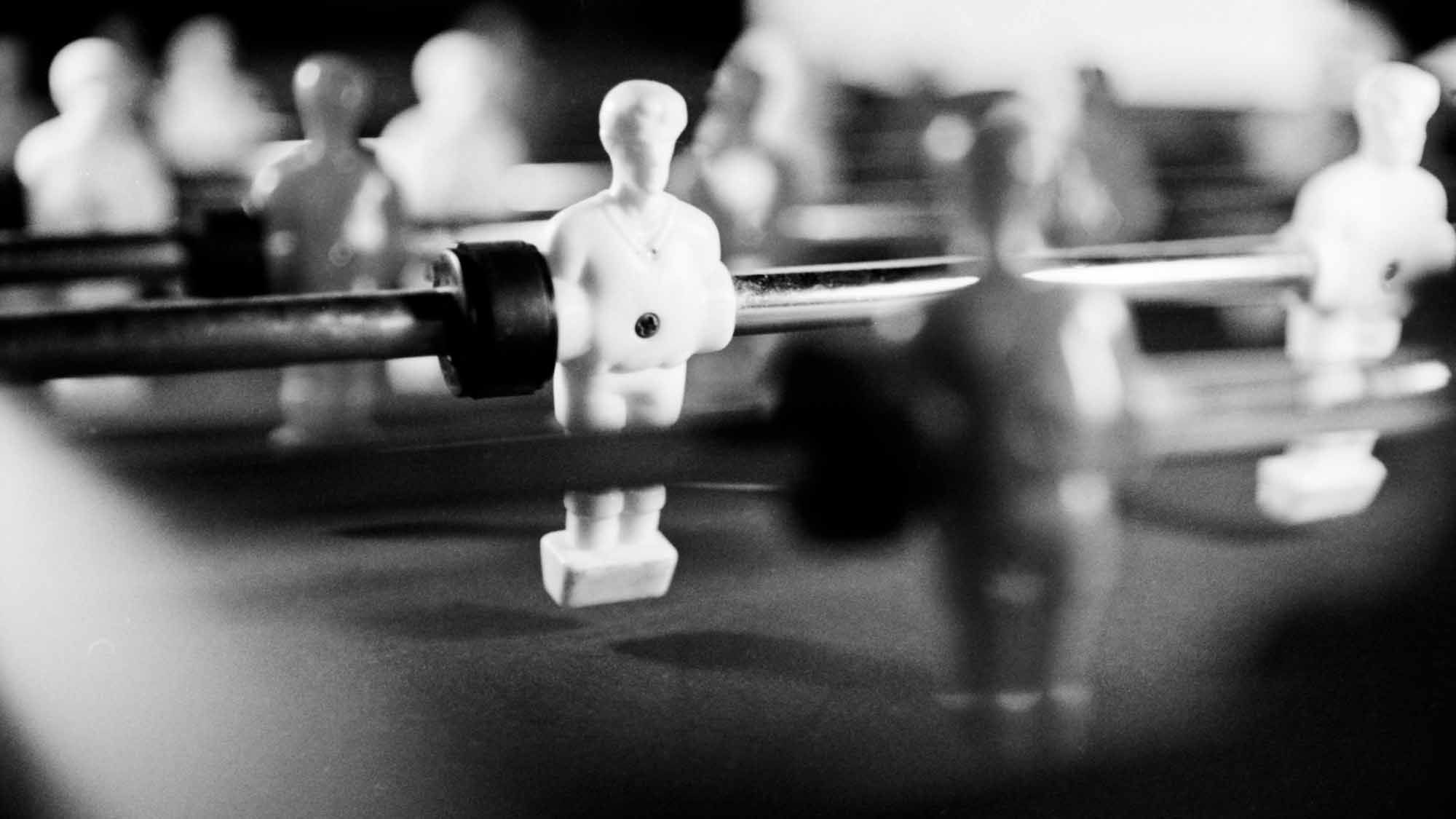 Foosball table in black and white, shot on film.