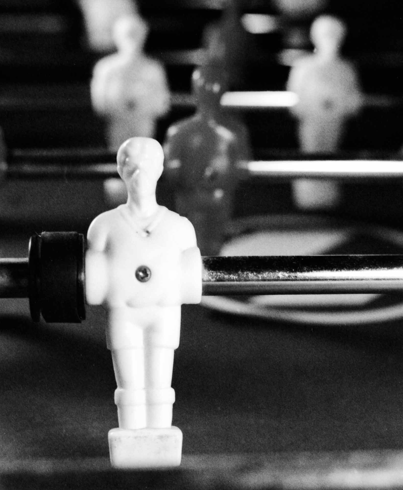 Foosball table in black and white, shot on film.