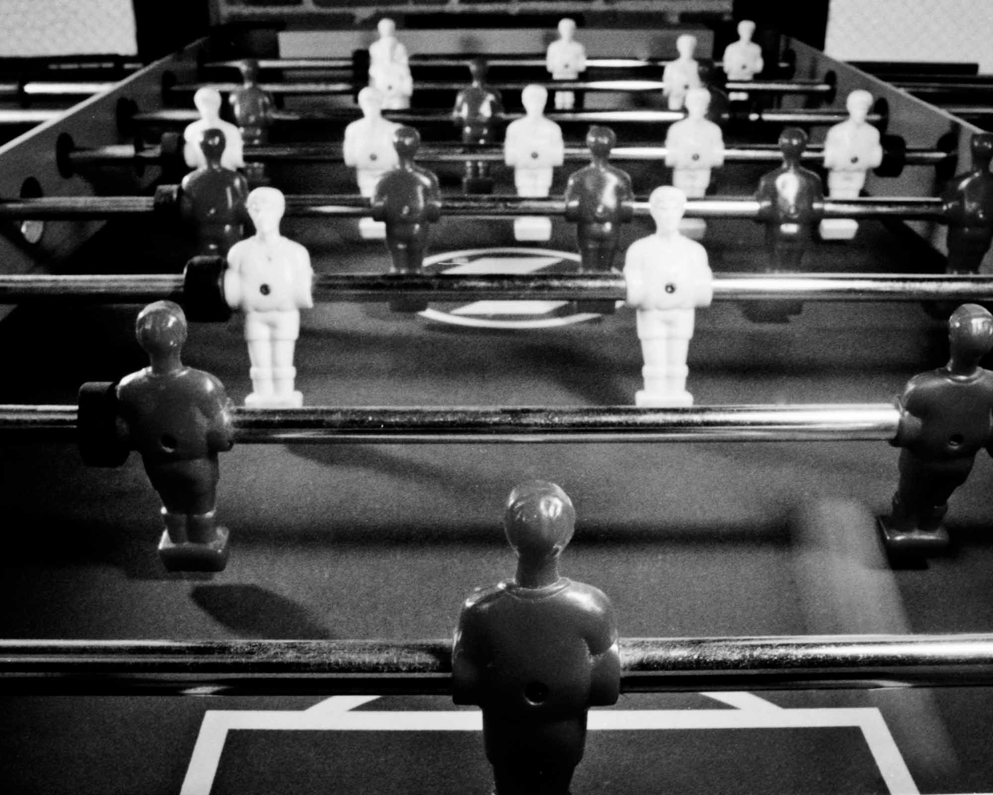 Foosball table in black and white, shot on film.