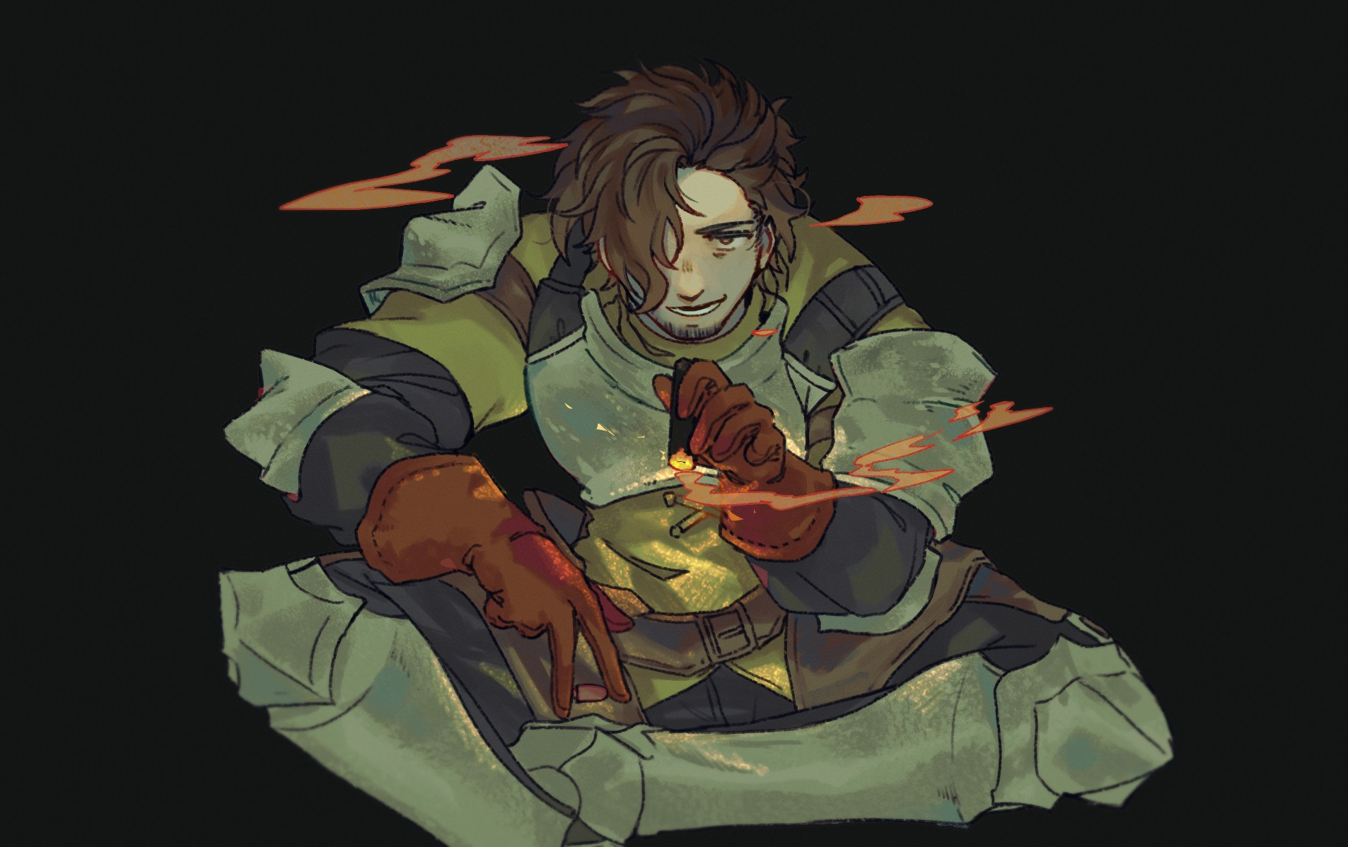 A stylized painting of Rackam from Granblue Fantasy leaning forward with a lit cigar in hand. The light from the cigar lights up his haughty expression towards the viewer.