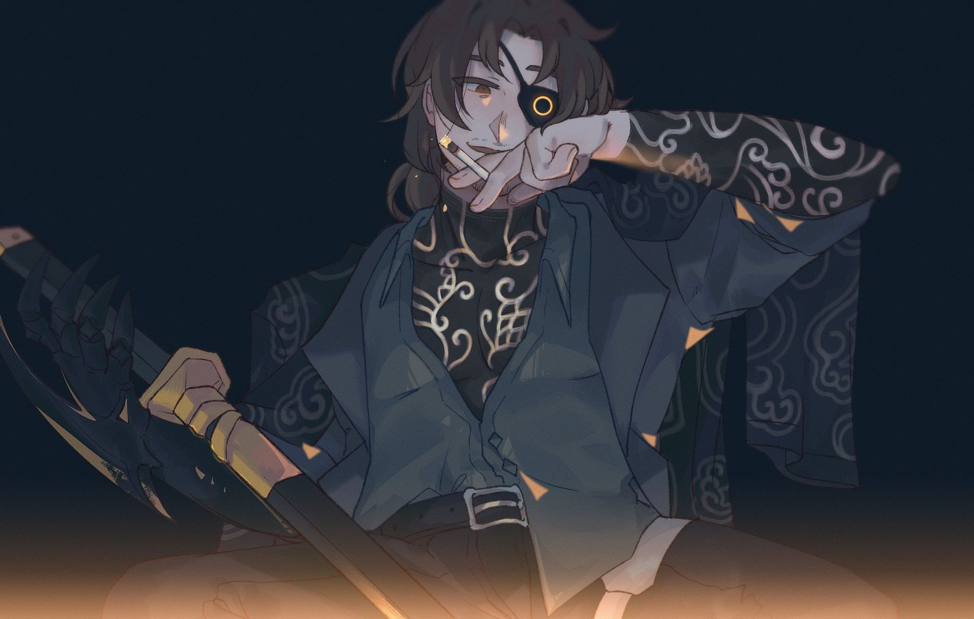 A stylized painting of Gregor from Limbus Company grinning coyly at the viewer while lit from an unidentified warm light. Upon his left hand is a lit cigarette, framing a more casual invitation for the viewer. Idk man I just Think He's Hot, okay?