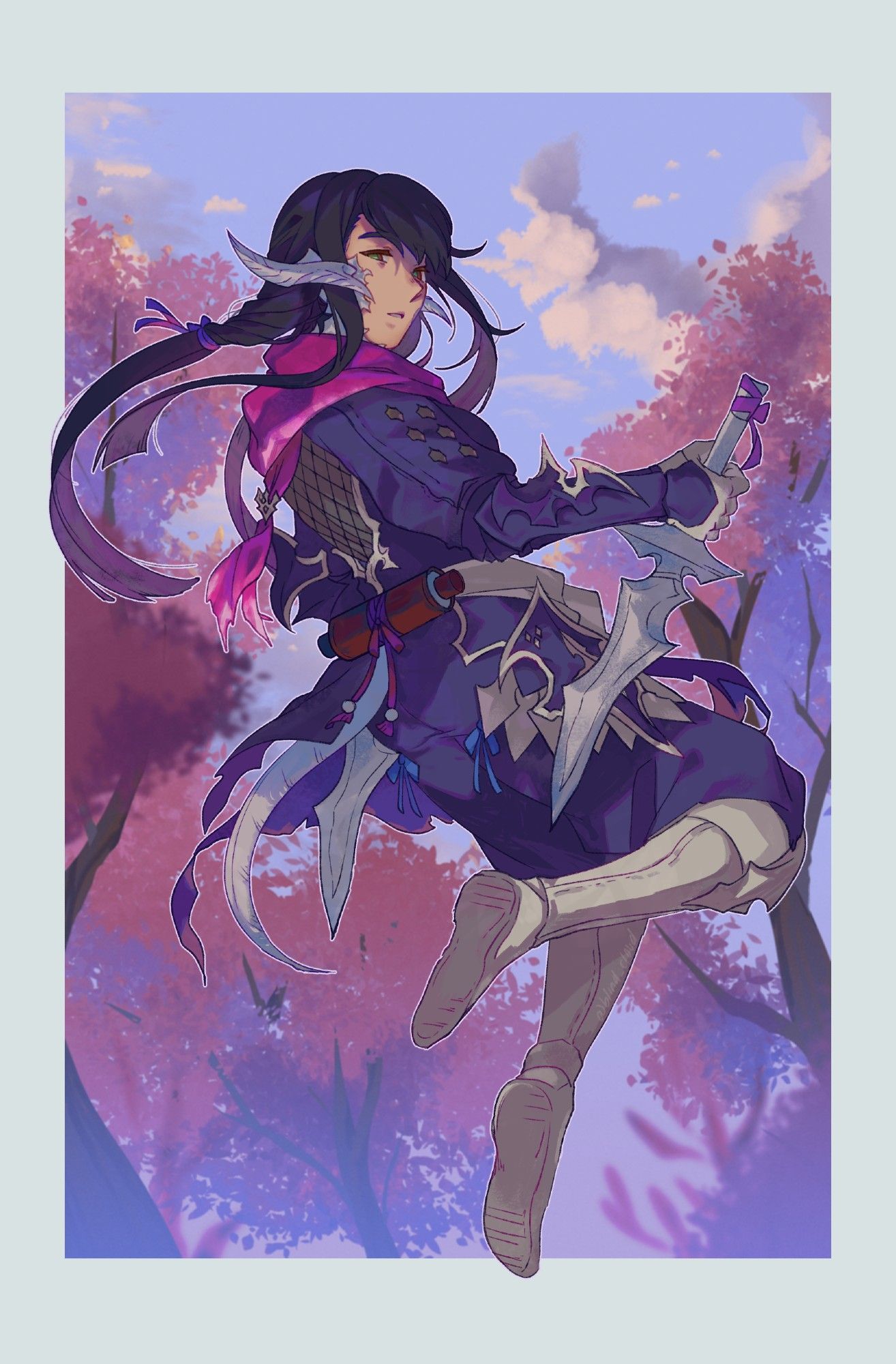 A stylized painting of Yugiri Mistwalker surrounded by Othardian blossom trees.