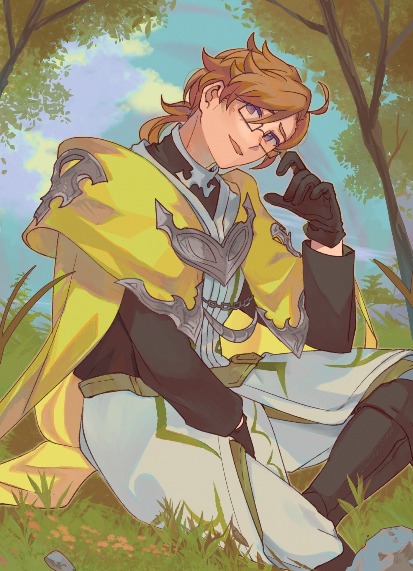 A stylized painting of Rolan from Granblue Fantasy: Relink. He sits top a field of grass while spring trees overlook his figure. He gives a soft expression to the viewer, while adjusting his eyewear.