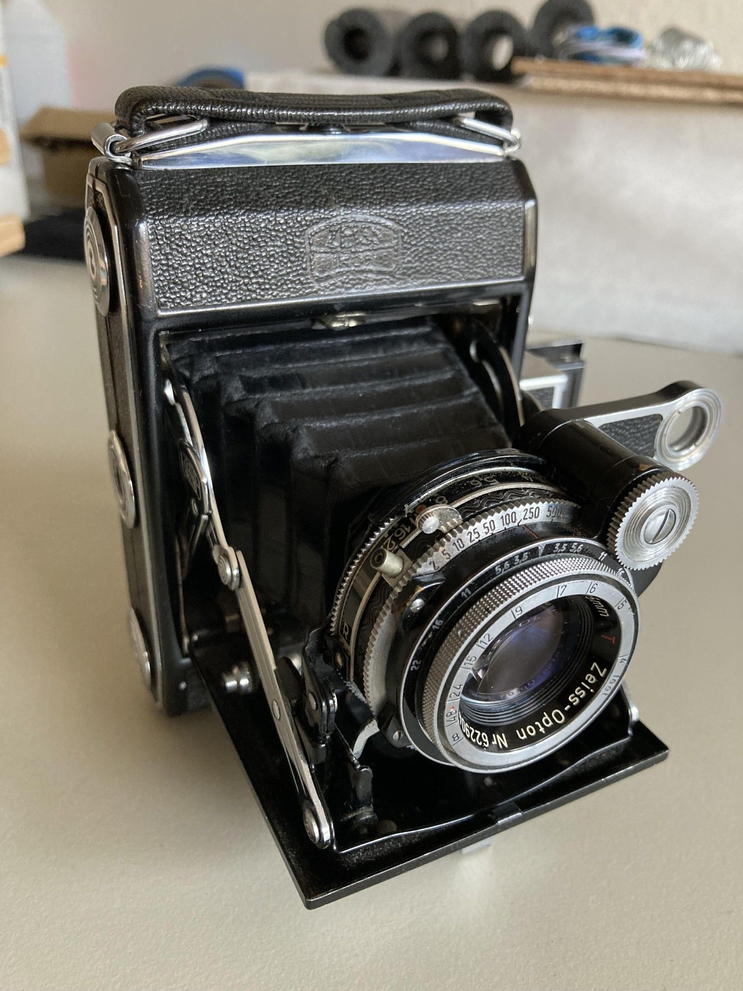 Another front view of the camera with the bellows open.