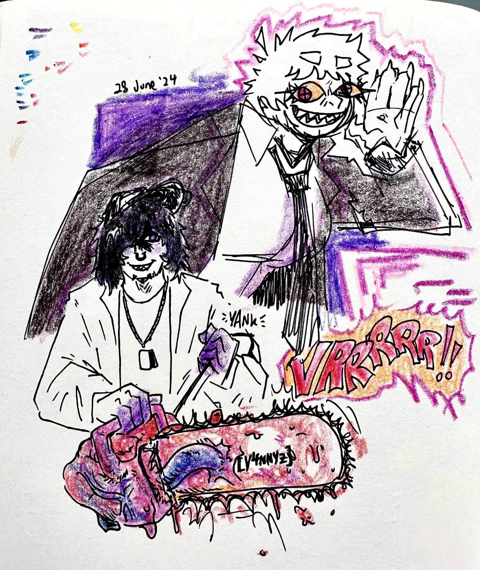 The piece depicts HABIT from slenderverse series EverymanHYBRID carrying a chainsaw made out of a realistic human heart. The figure behind him is OP's sona, Syn. Depicted with sharp shapes and directions. Crayon is used to colour this piece. The "VRRRR!" sound effect is cartoonishly large to the right of the chainsaw. V4NNYZ is written on the chainsaw, one of OP's watermarks/signatures.