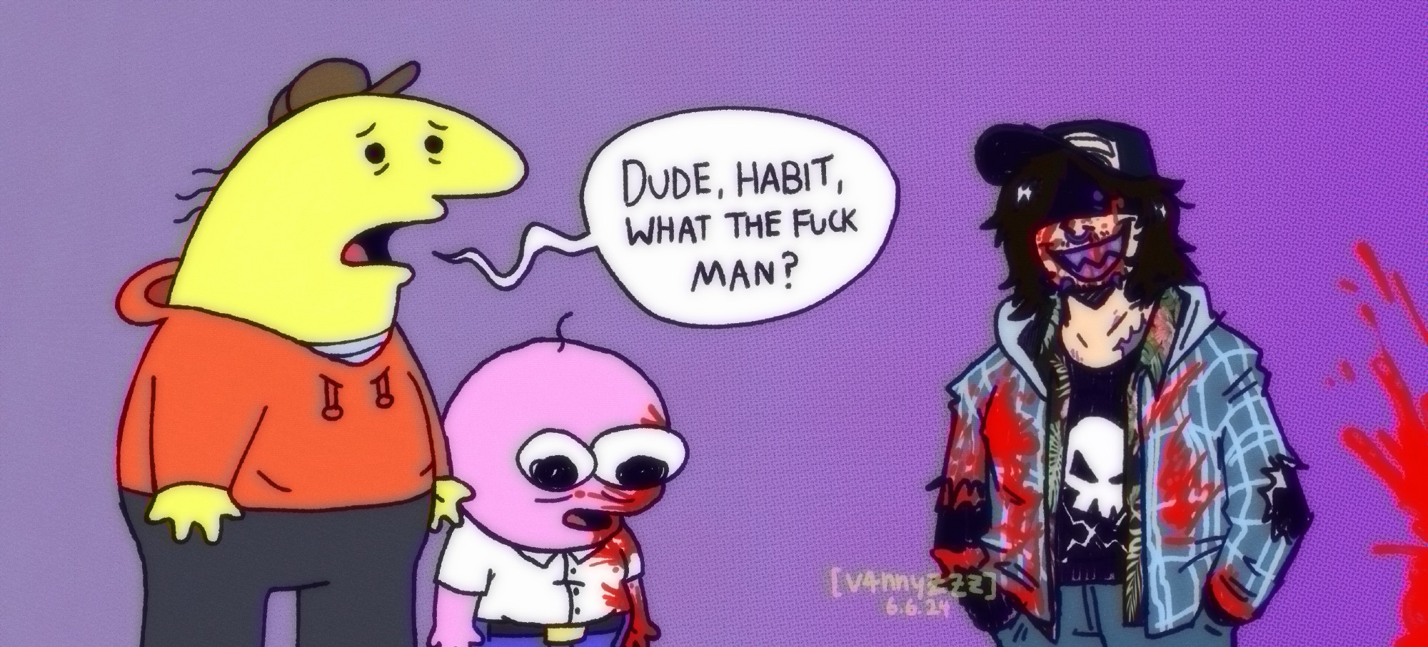 The image is a meme redraw of the tweet by voreteas_ on Twitter that jokes that "every artist should draw their comfort characters interacting with Charlie and Pim from Smiling Friends". Charlie and Pim are to the left, yellow and pink critters respectively, with Pim covered in blood and looking baffled while Charlie looks to the other man to the right with a distraught look. Said man is the artist's interpretation of HABIT from slenderverse webseries "EveryManHYBRID". He is covered in blood, has purple teeth and a nose ring, with the top half of his face obscured by the shadow cast by his cap and only one pinprick purple dot representing his eye. He is gleeful, covered in blood, and standing beside some blood. This seems to imply he probably killed someone. Or multiple people.