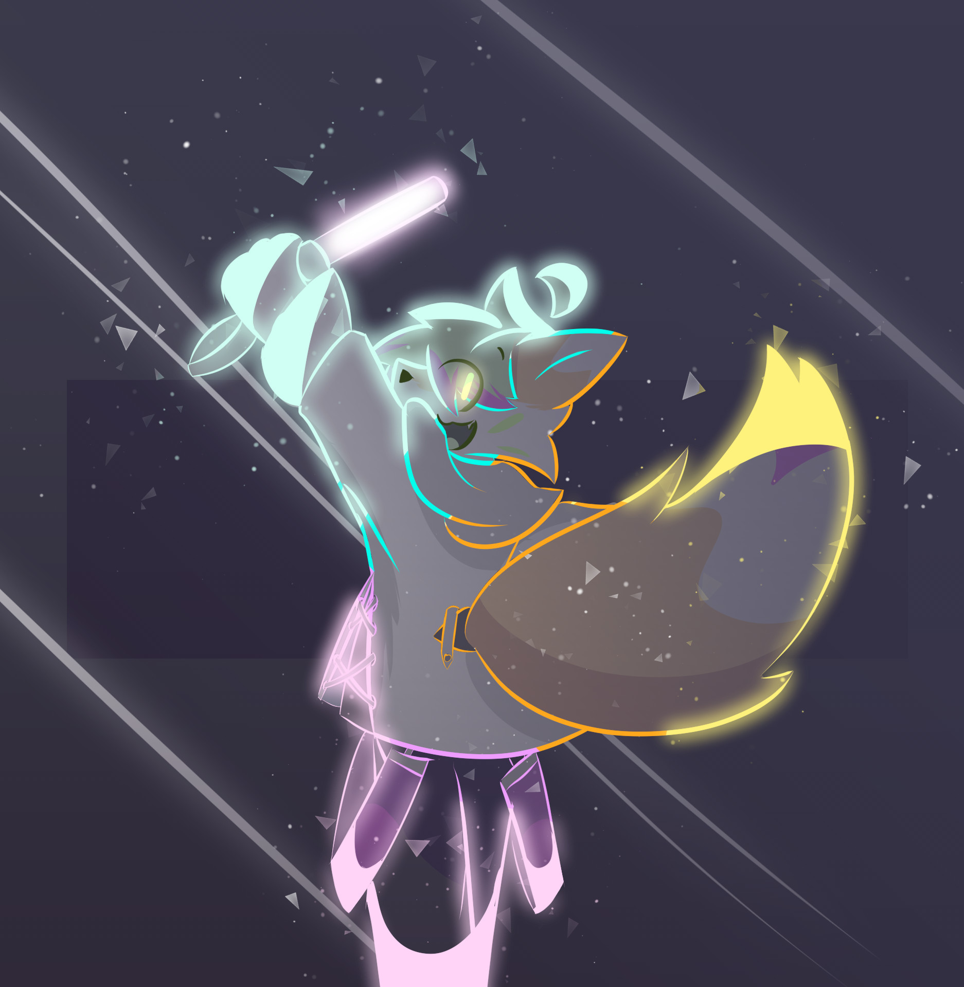 My catfox sona, standing back facing the camera, holding a glowstick in the air, in front of a background full of shooting stars. He is highlighted in vivid pastel colors. 