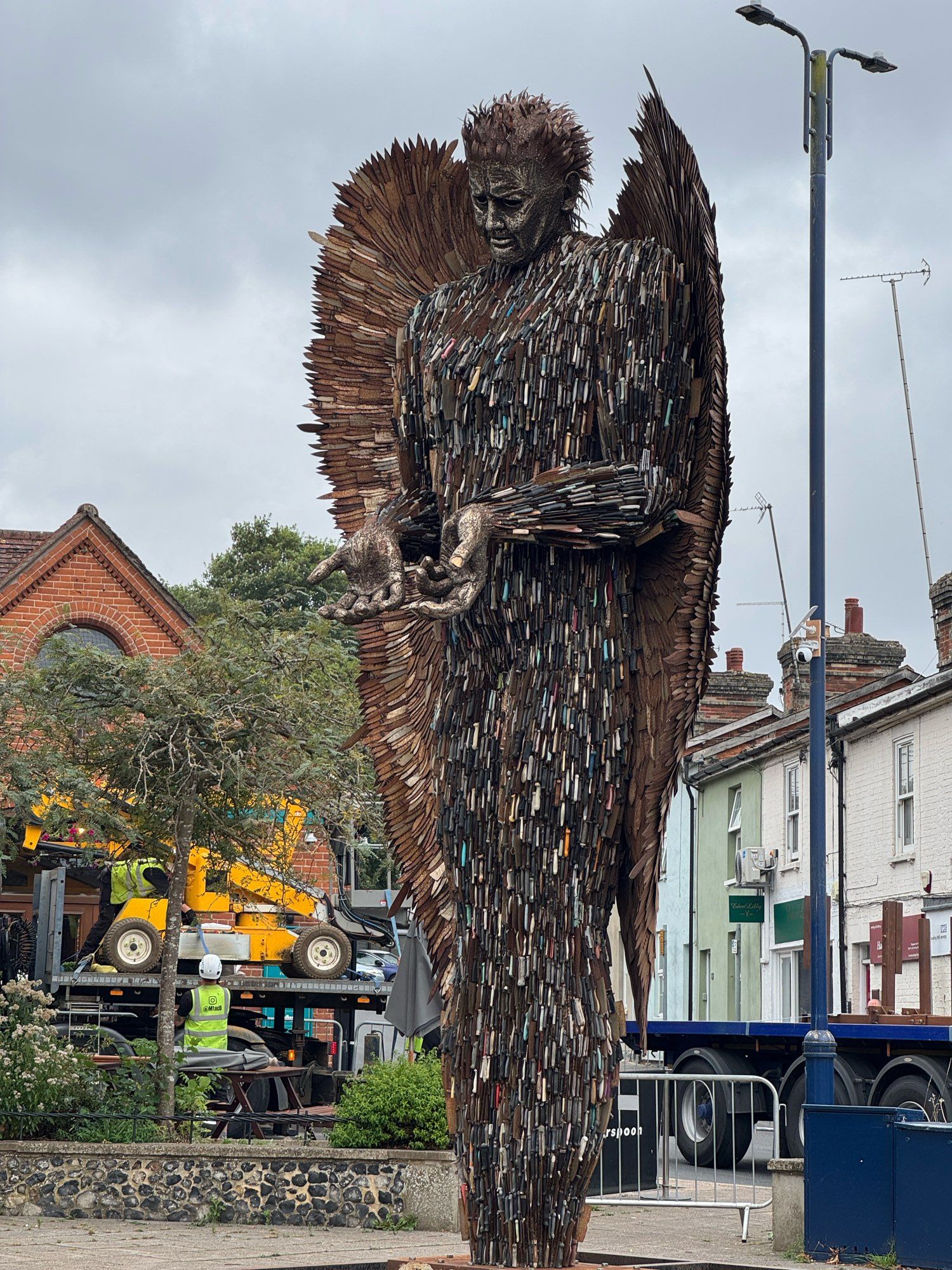 The knife angel statue being set up in Haverhill market square.