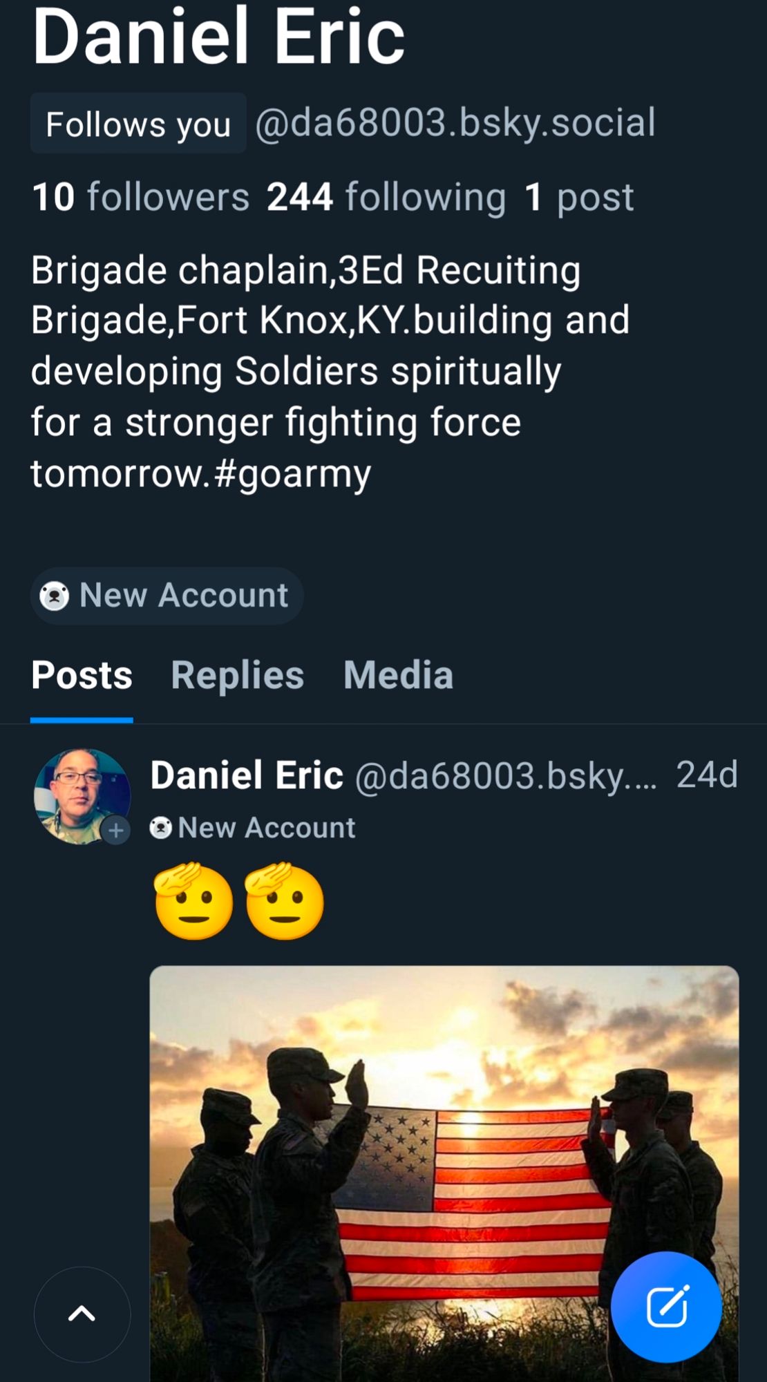 Daniel Eric's profile scrolled down to reveal a post with 2 salute emojis & a non alt text backlit picture of 3 soldiers saluting an American flag being held up in front of a setting or rising sun.

This man has nothing in common with me & folks with profiles like this are my predators. Absolutely the fuck not.