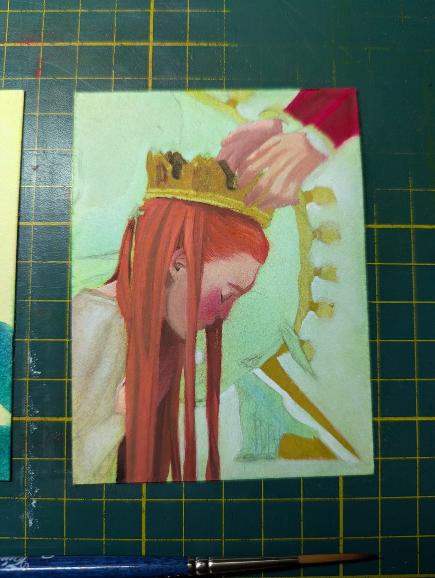 A small unfinished gouache painting of a kneeling young woman being crowned with a bowing unicorn looming symbolically in the background.