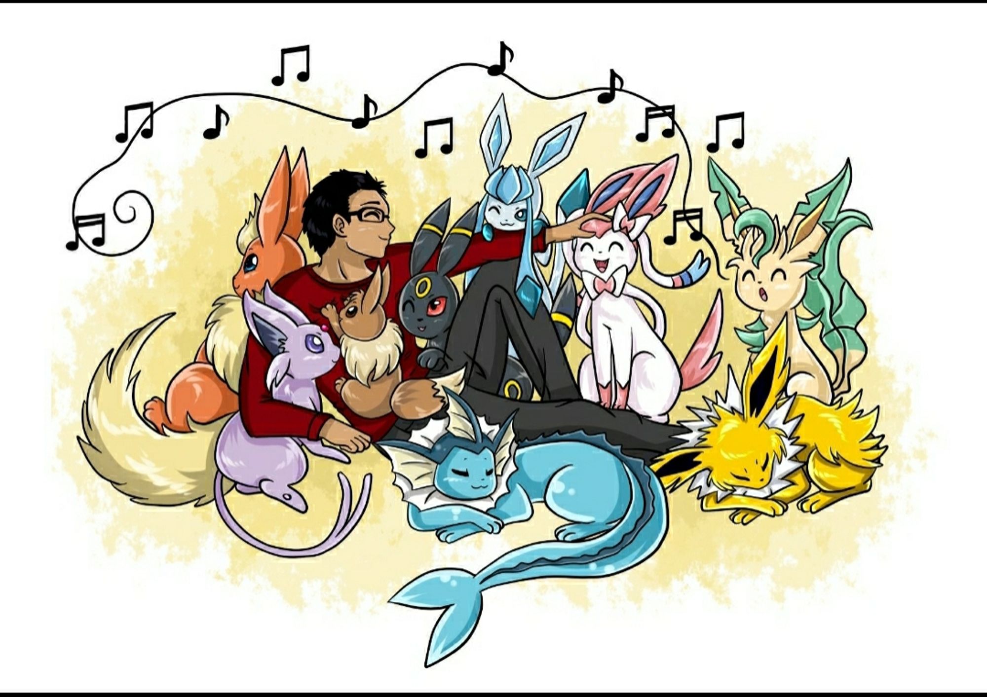 Myself (LuchaVee) relaxing with all the pokemon eeveelutions, Flareon espeon eevee Umbreon glaceon vaporeon sylveon jolteon while Leafeon sings using grass whistle