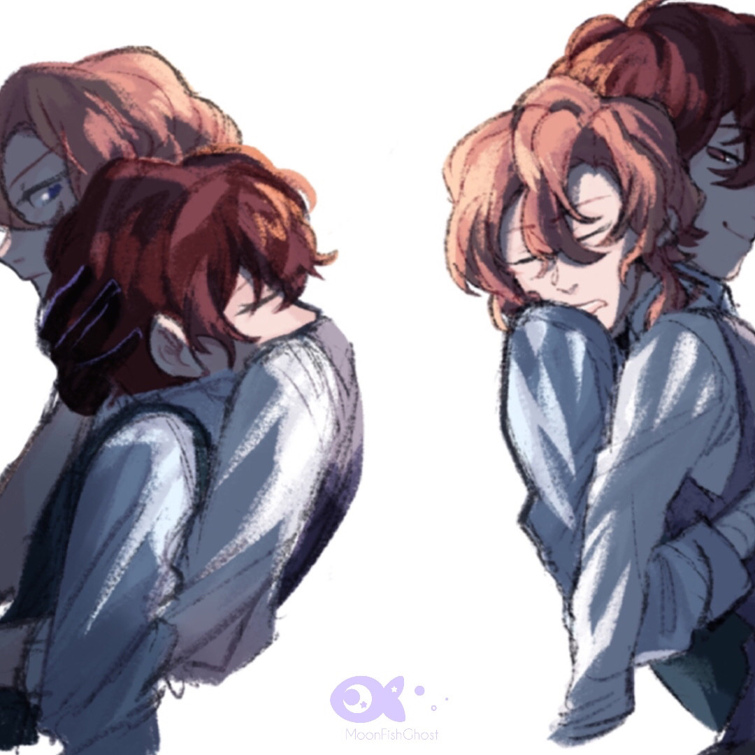 Two separate instances of Dazai and Chuuya holding each other tenderly. On the left, Chuuya gently supporting Dazai’s head as Dazai heavily leans on him. On the right, Dazai giving a quiet smile to the viewer as he carries an unconscious Chuuya away.