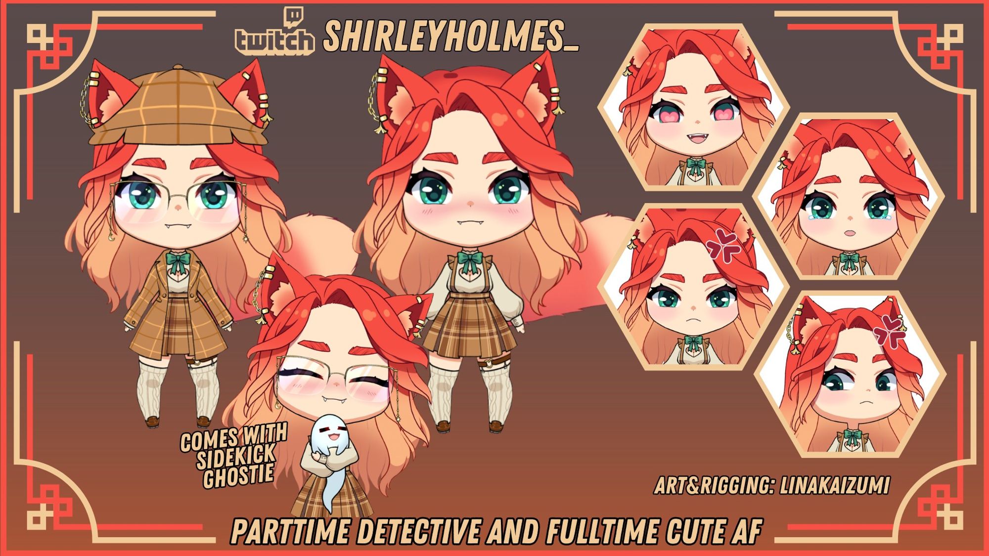 Character sheet introducing a red haired chibi catgirl persona used for Vtubing on Twitch, showing some expressions (angry, sad, happy). Dressed like Sherlock Holmes but in a feminine way