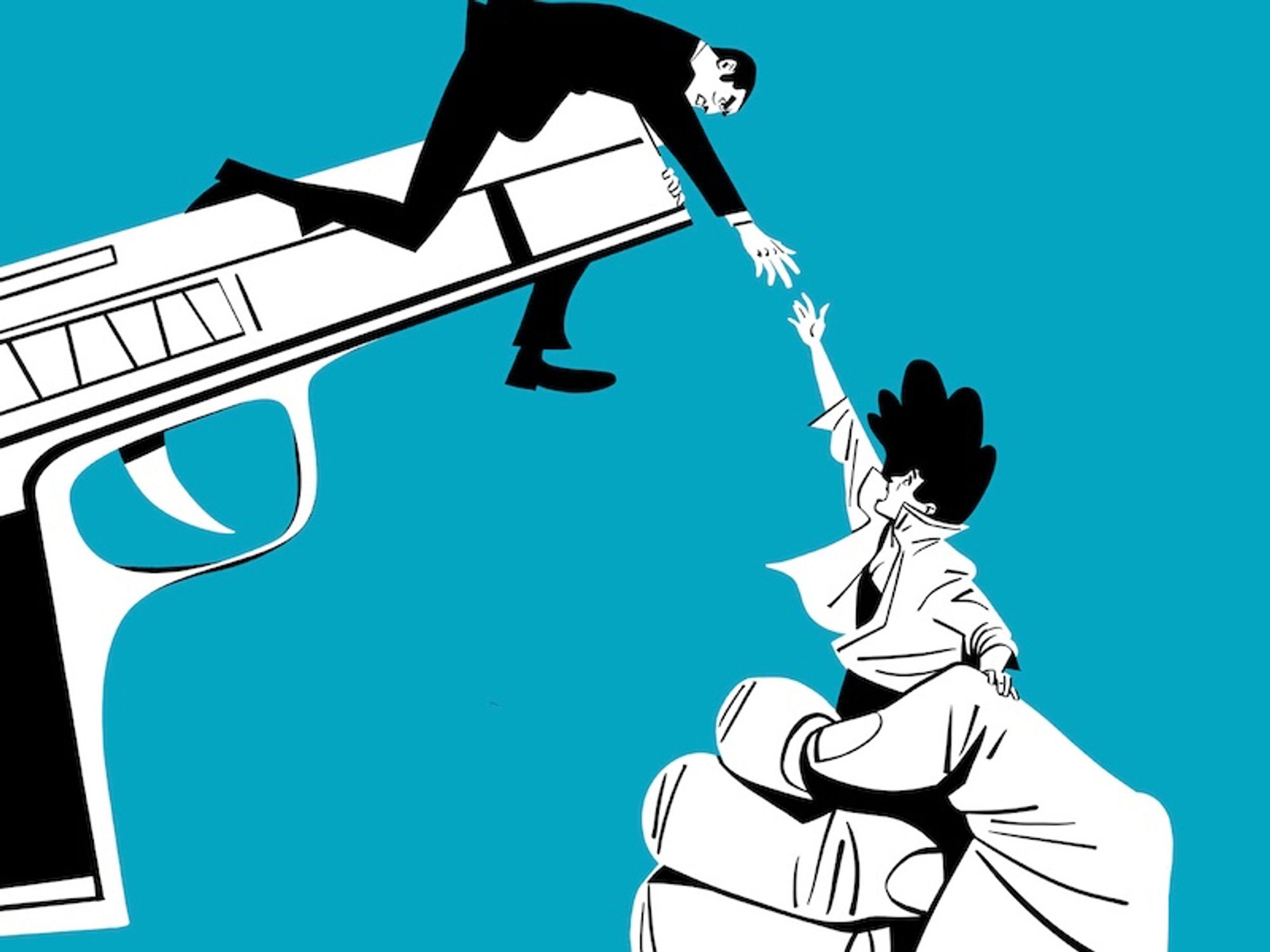 Guy hanging atop a big gun reaching for his niece who is in a giant hand. Art by artist Chris Matthews from cover A of the comic book Mugshots #1 (2024)