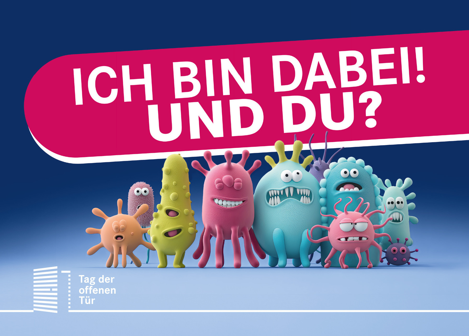 Bild von Mikroben im Comic-Stil mit dem Claim "Ich bin dabei! Und du?" als Einladung zum Tag der offenen Tür am HZI