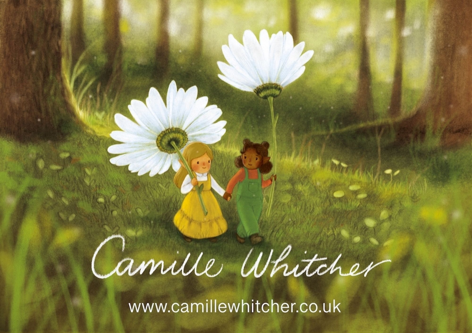 A colour illustration of two fairy folk holding hands and taking a walk through a mossy forest. They're holding large daisies as parasols.