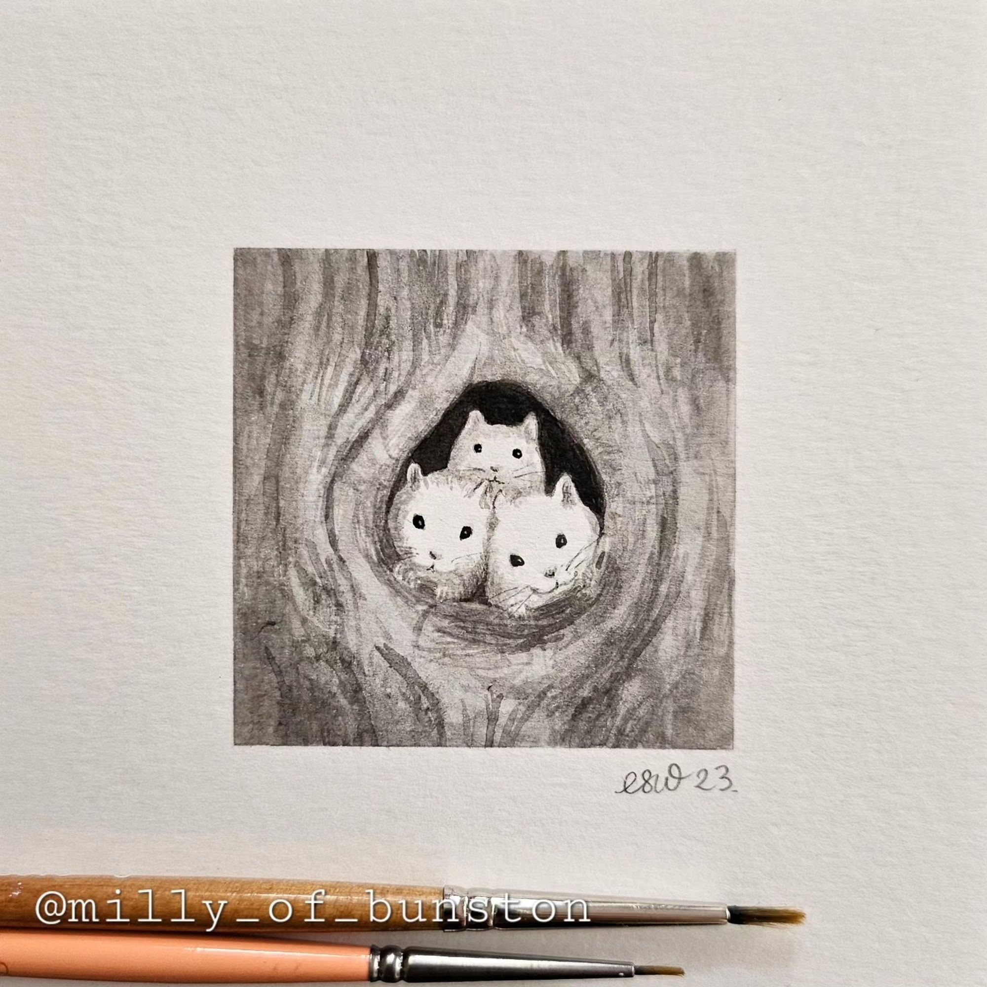 Ink painting of 3 dormice in a hole in a tree trunk.